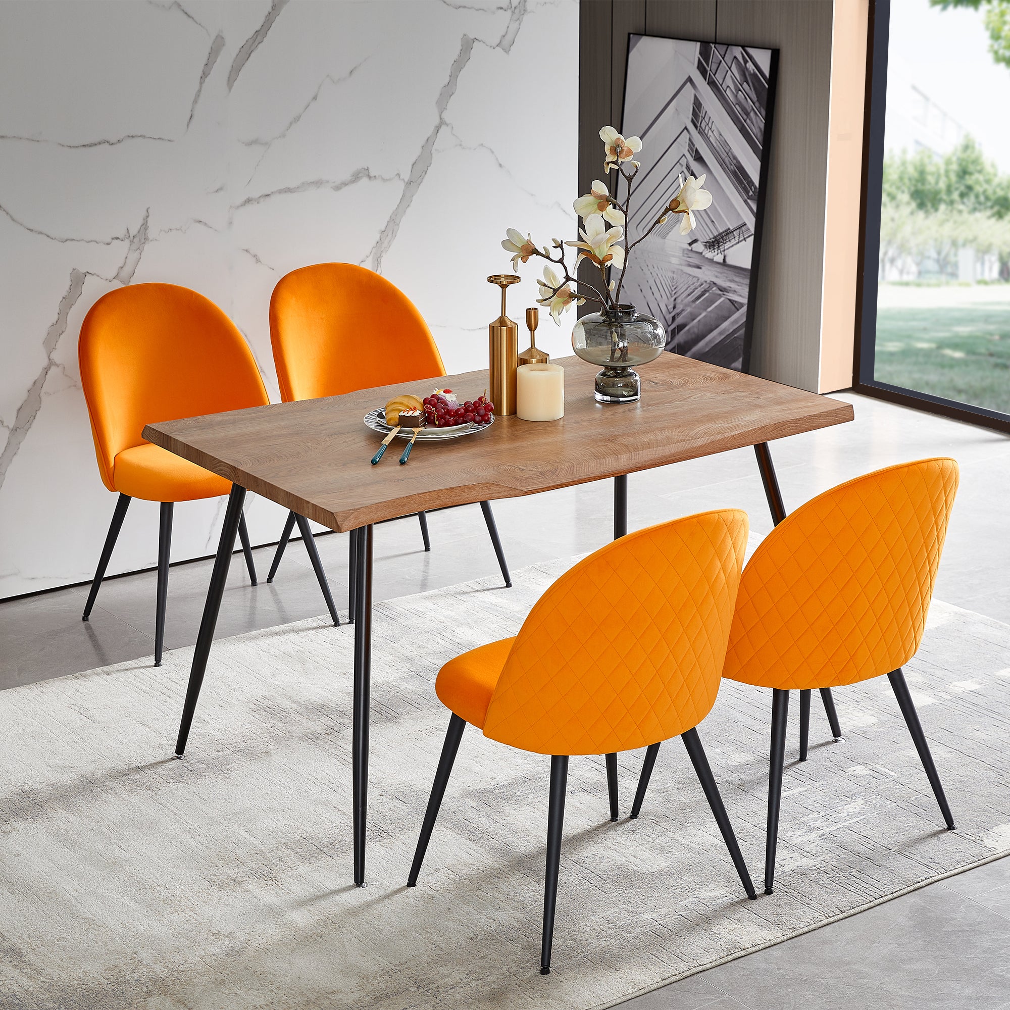 Dining Chair, Orange Velvet, Metal Black Legs, Set Of 4 Side Chairs Metal Plaid Orange Dining Room Powder Coated Foam Dry Clean Modern Dining Chairs Solid Back Foam Velvet