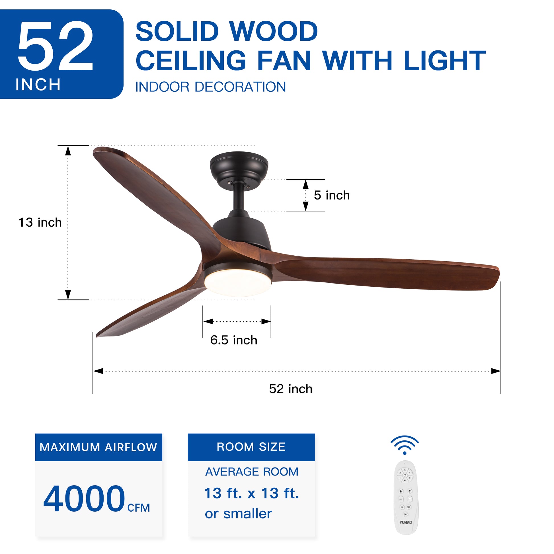 52" Yuhao Farmhouse Rustic Led Ceiling Fan With Remote Control Brown Wood