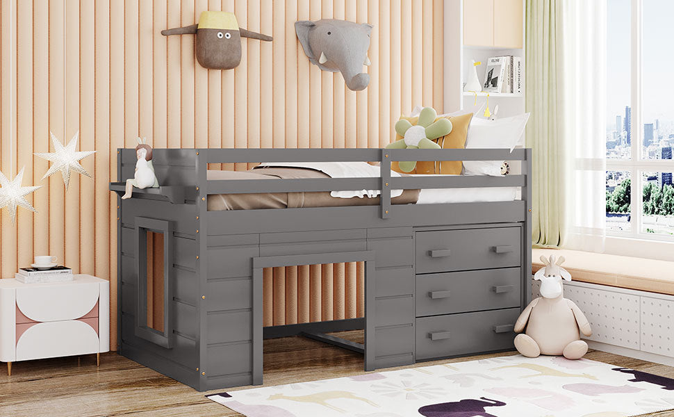 Twin Size Loft Bed With Cabinet And Shelf Gray Old Sku:Lp000501Aae Gray Solid Wood