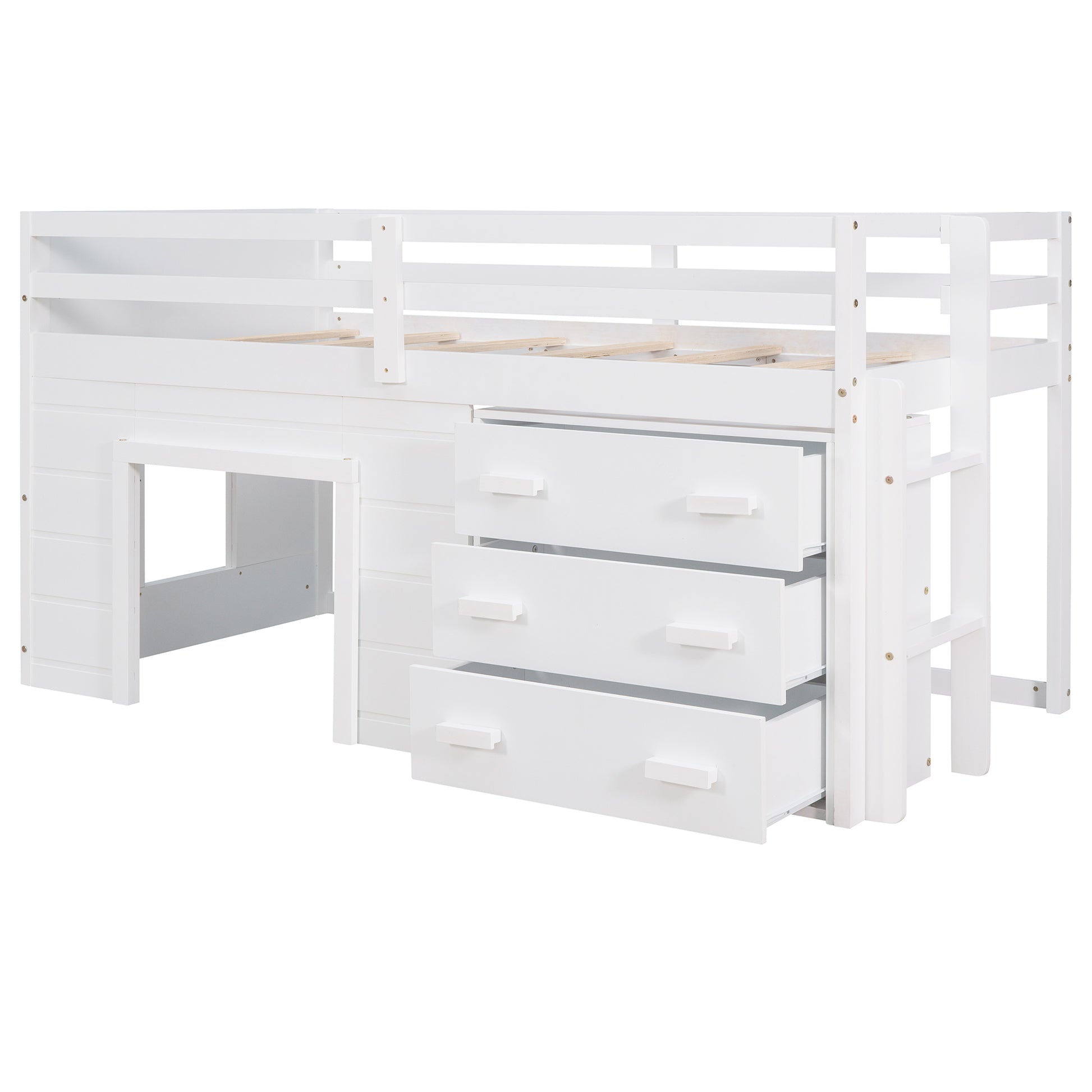 Twin Size Loft Bed With Cabinet And Shelf White Old Sku:Lp000501Aak White Solid Wood