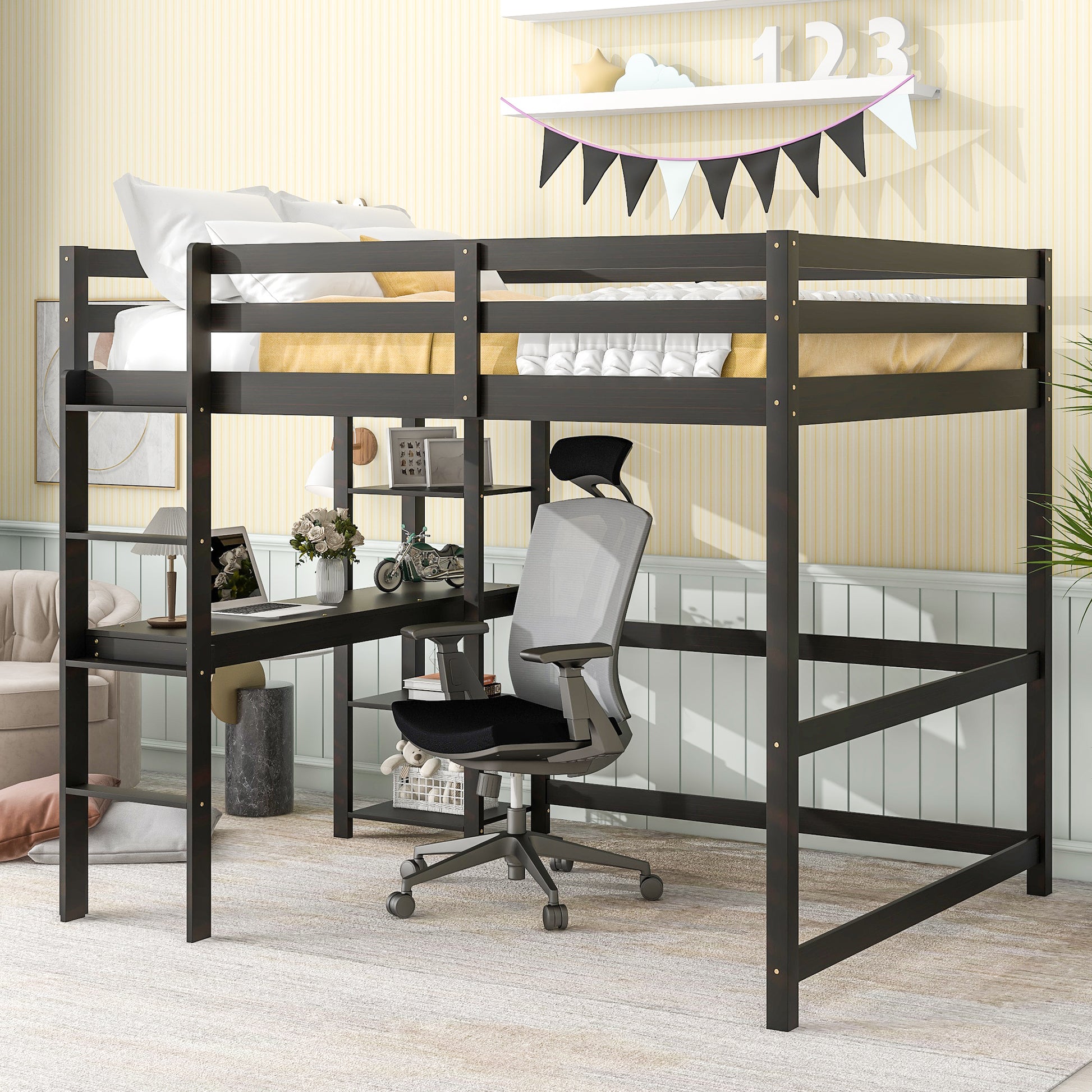 Full Loft Bed With Desk And Shelves,Espresso Espresso Pine