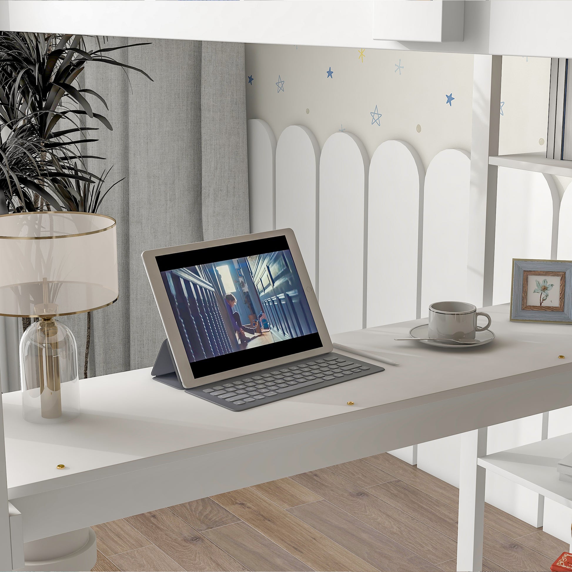 Full Loft Bed With Desk And Shelves,White White Pine