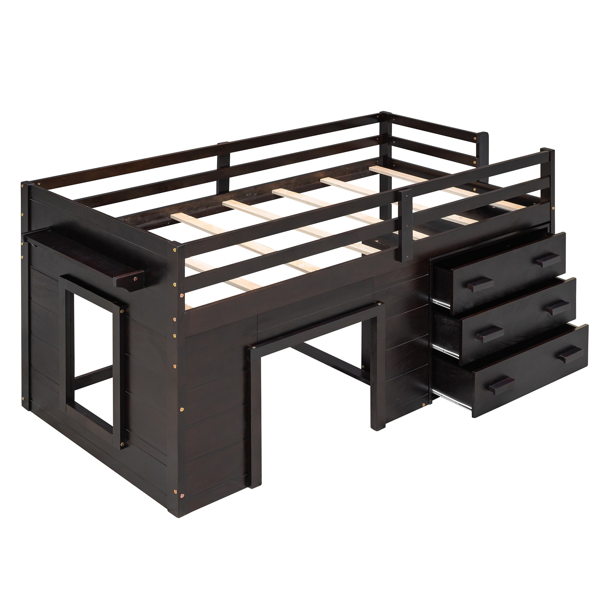 Twin Size Loft Bed With Cabinet And Shelf Espresso Old Sku:Lp000501Aap Espresso Solid Wood