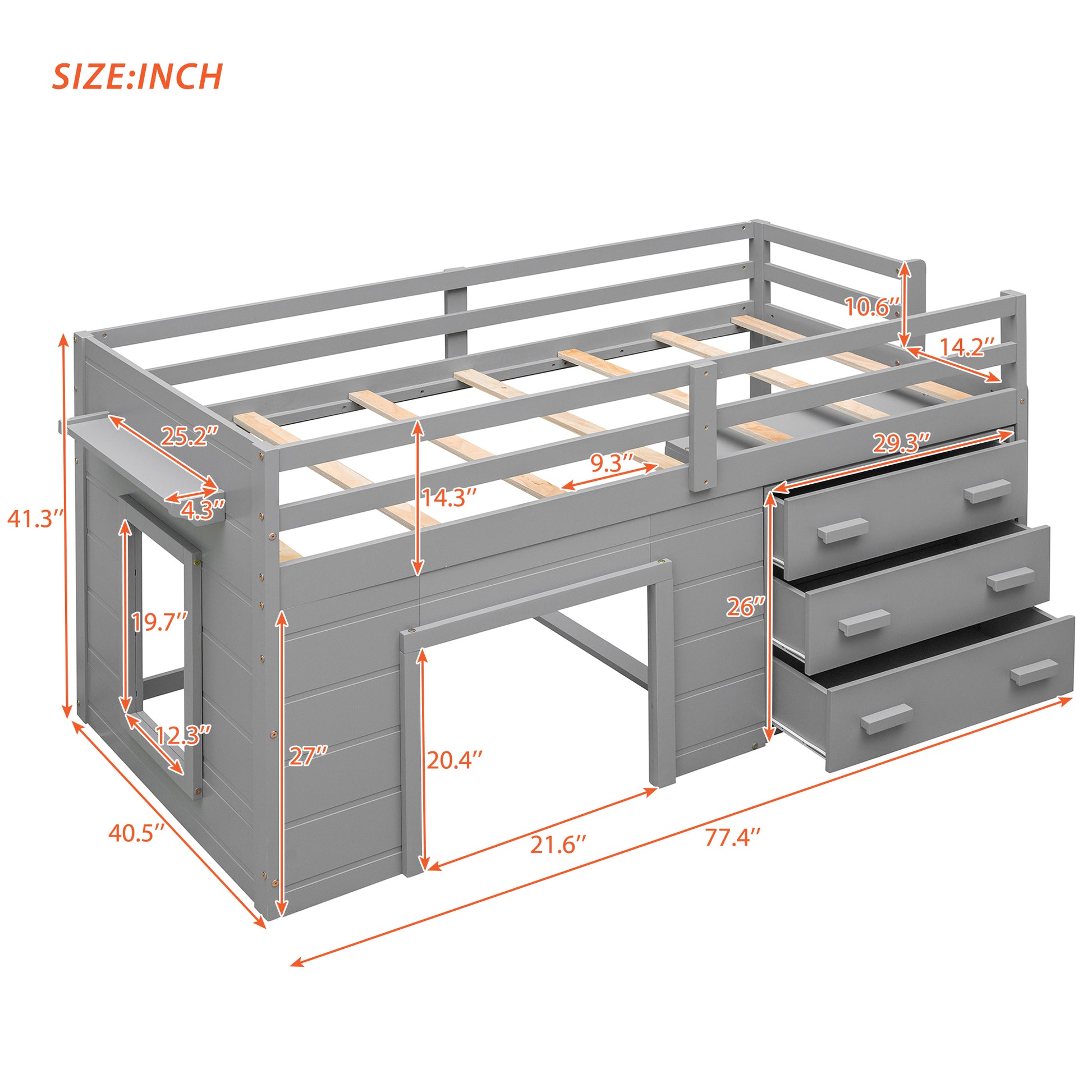 Twin Size Loft Bed With Cabinet And Shelf Gray Old Sku:Lp000501Aae Gray Solid Wood