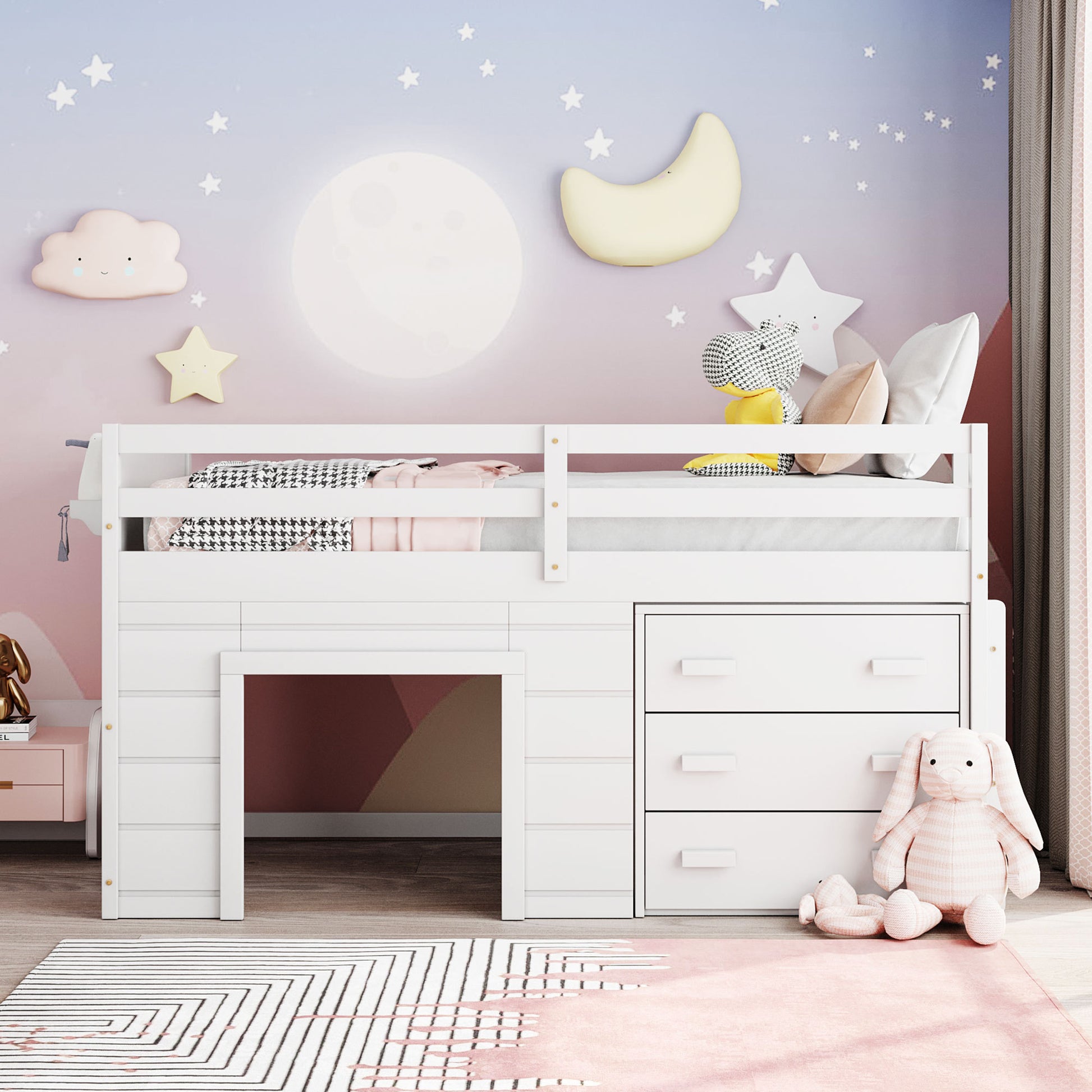 Twin Size Loft Bed With Cabinet And Shelf White Old Sku:Lp000501Aak White Solid Wood