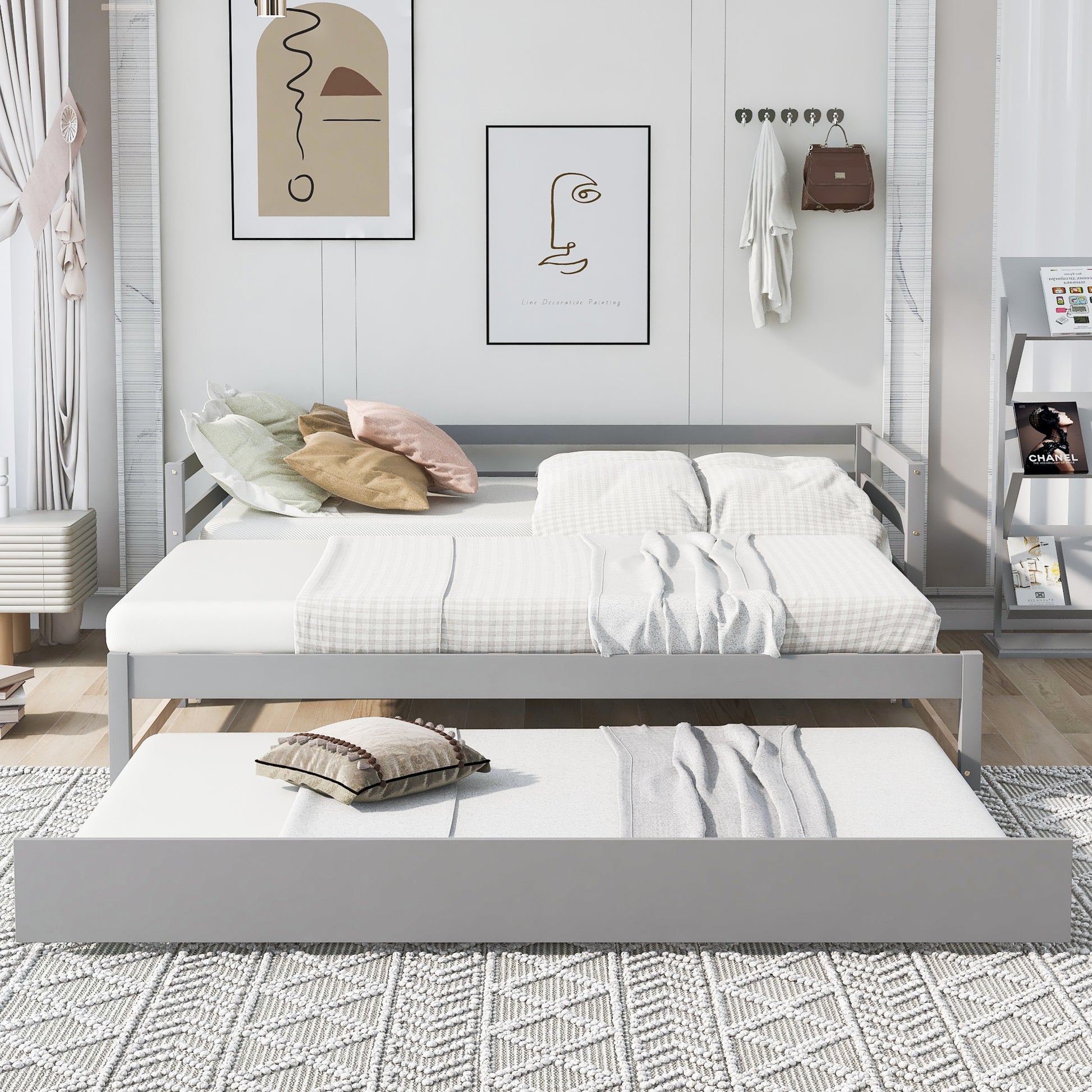 Twin Or Double Twin Daybed With Trundle,Gray Box Spring Not Required Twin Gray Wood Daybeds Pine