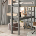 Full Loft Bed With Desk ,Shelves And Ladder, Grey Grey Pine