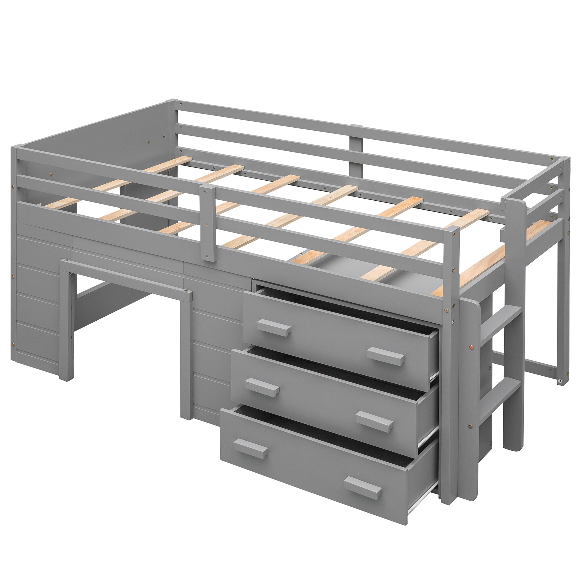 Twin Size Loft Bed With Cabinet And Shelf Gray Old Sku:Lp000501Aae Gray Solid Wood