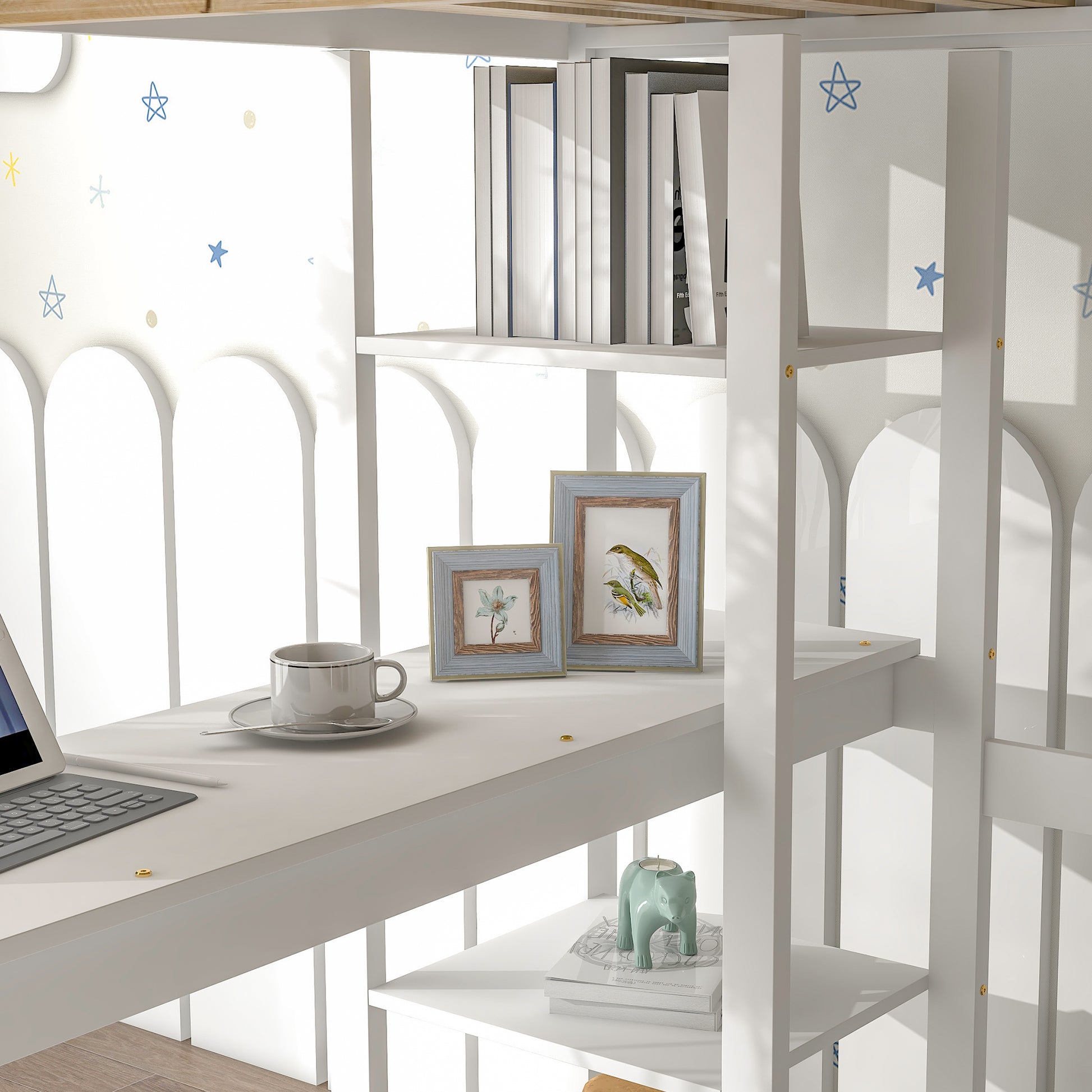 Full Loft Bed With Desk And Shelves,White White Pine