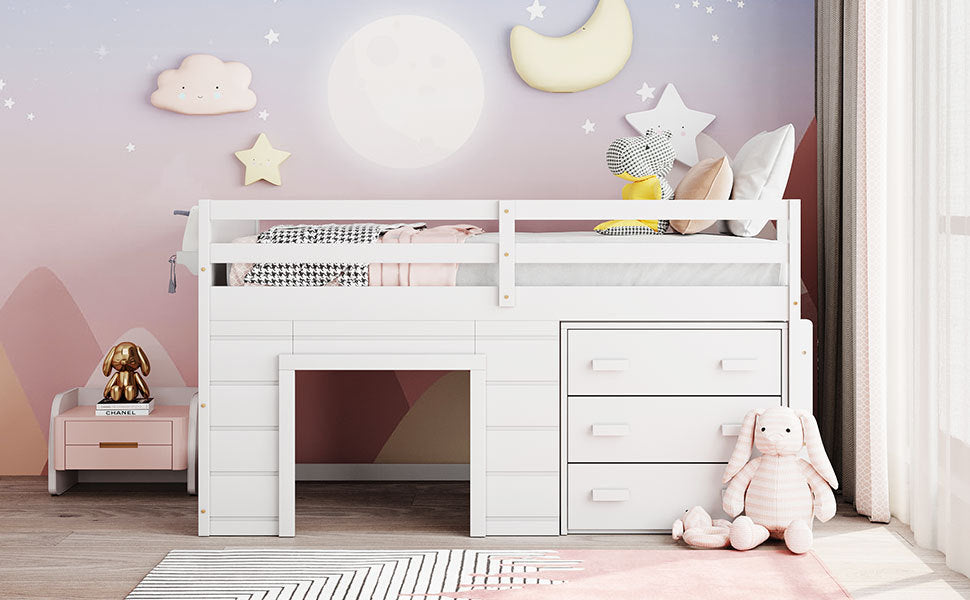 Twin Size Loft Bed With Cabinet And Shelf White Old Sku:Lp000501Aak White Solid Wood