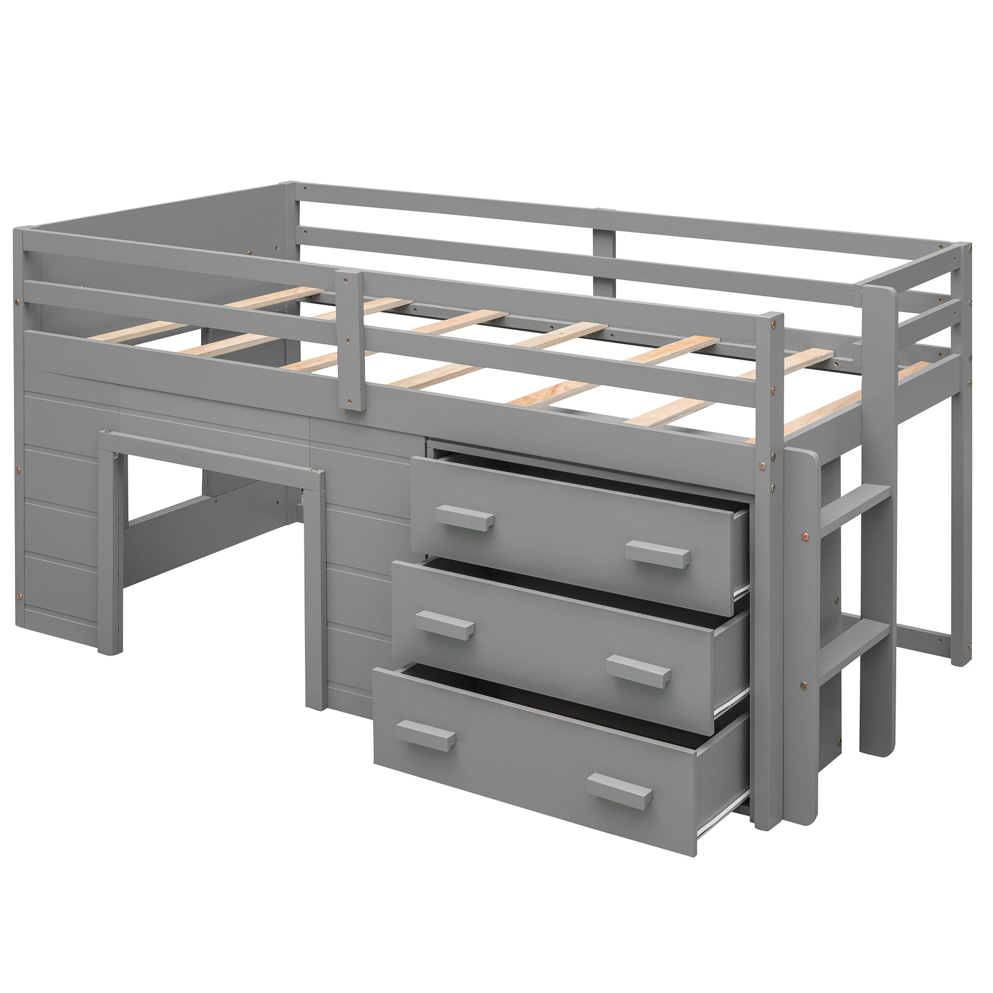 Twin Size Loft Bed With Cabinet And Shelf Gray Old Sku:Lp000501Aae Gray Solid Wood