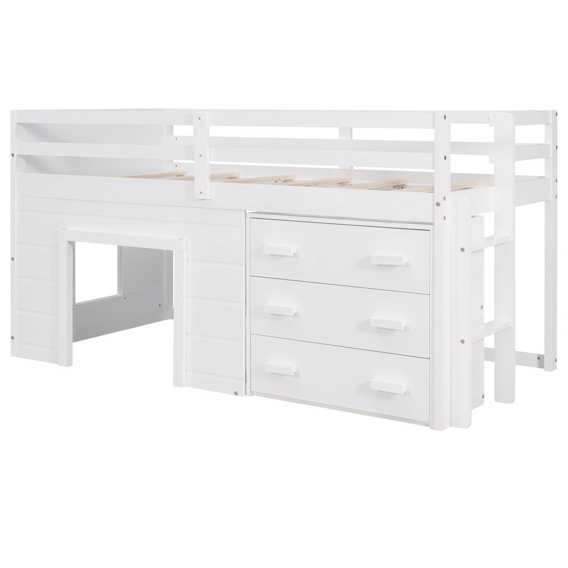 Twin Size Loft Bed With Cabinet And Shelf White Old Sku:Lp000501Aak White Solid Wood