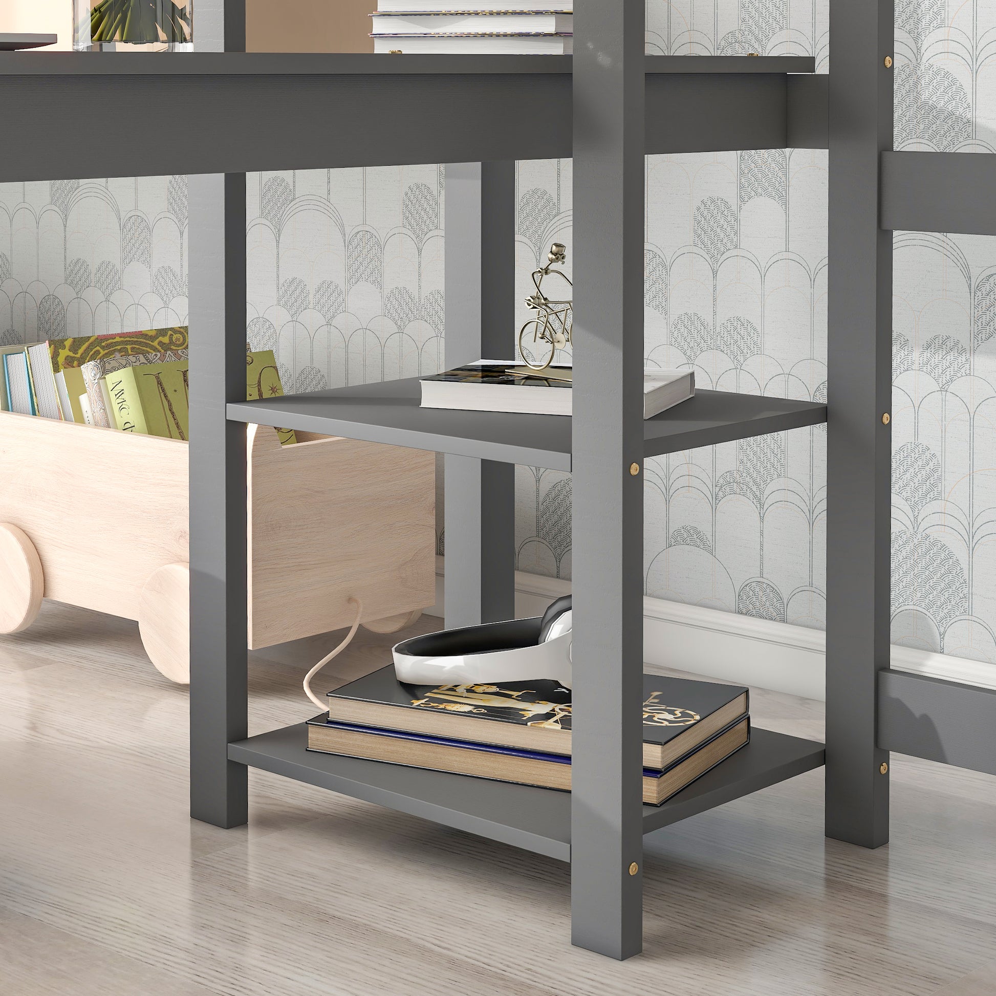 Full Loft Bed With Desk ,Shelves And Ladder, Grey Grey Pine