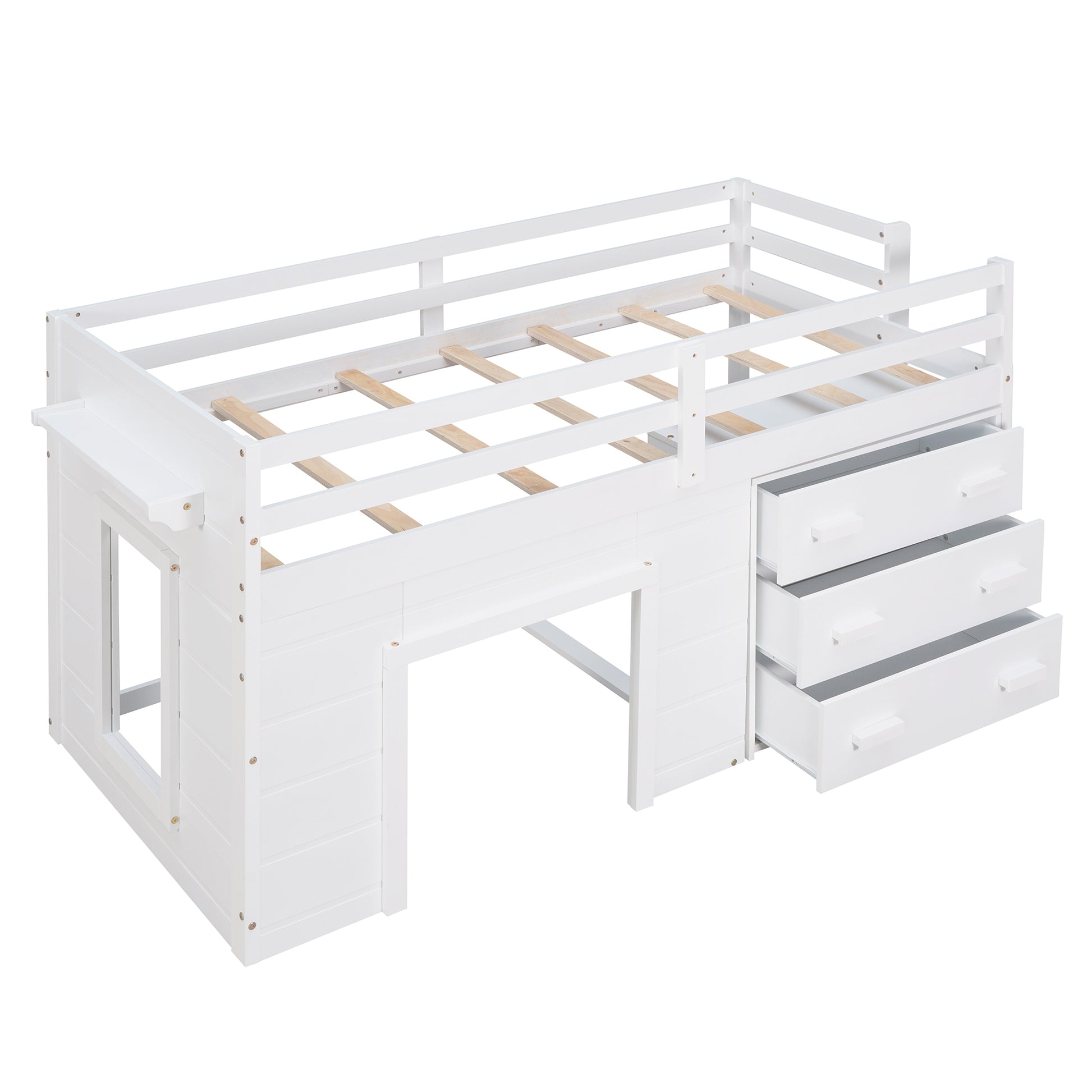 Twin Size Loft Bed With Cabinet And Shelf White Old Sku:Lp000501Aak White Solid Wood