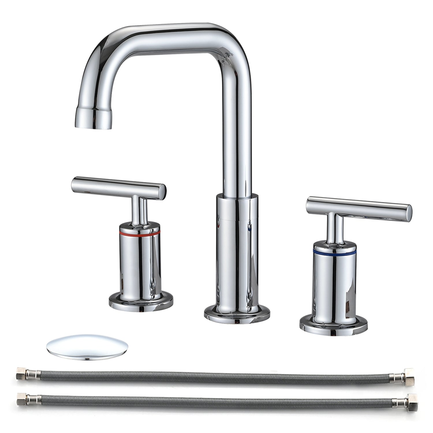 8 In. Widespread Double Handle Bathroom Faucet With Pop Up Drain In Chrome Chrome Brass