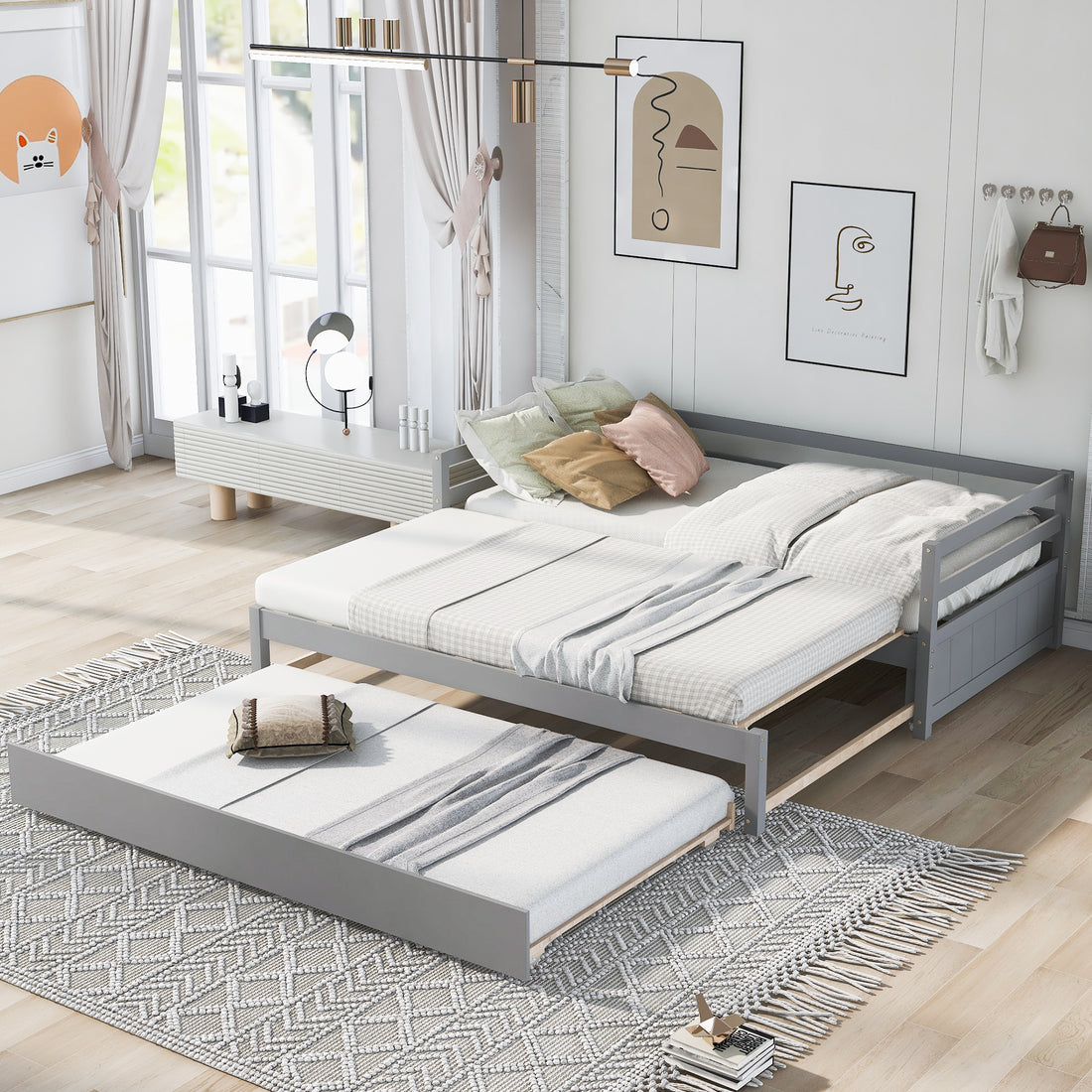 Twin Or Double Twin Daybed With Trundle,Gray Box Spring Not Required Twin Gray Wood Daybeds Pine