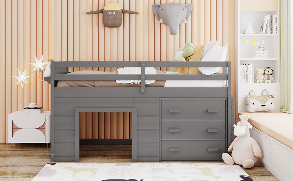 Twin Size Loft Bed With Cabinet And Shelf Gray Old Sku:Lp000501Aae Gray Solid Wood