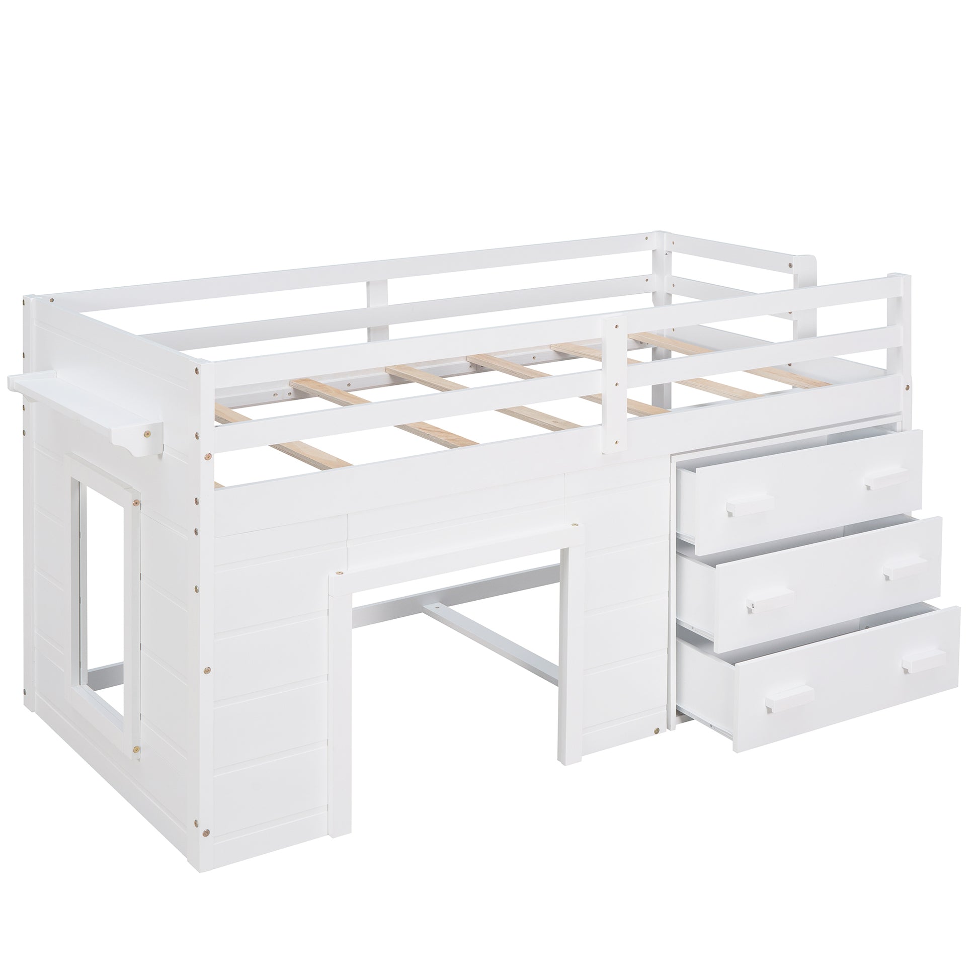 Twin Size Loft Bed With Cabinet And Shelf White Old Sku:Lp000501Aak White Solid Wood