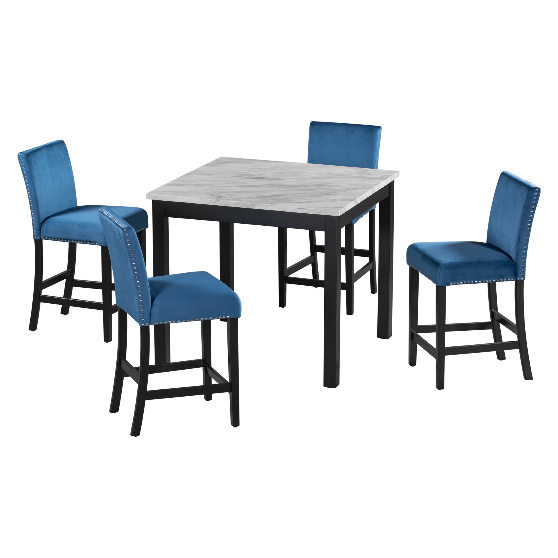 5 Piece Counter Height Dining Table Set With One Faux Marble Dining Table And Four Upholstered Seat Chairs, Table Top: 40In.L X40In.W, For Kitchen And Living Room Furniture,Blue Blue Mdf