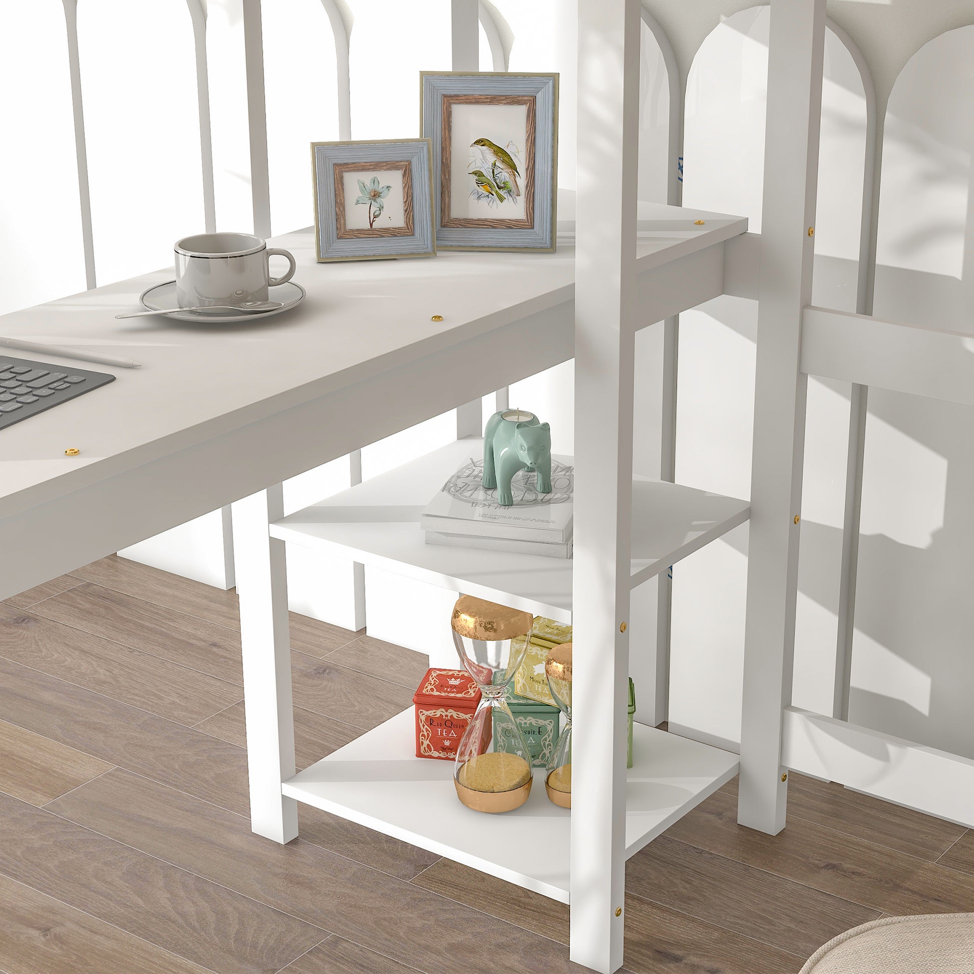 Full Loft Bed With Desk And Shelves,White White Pine