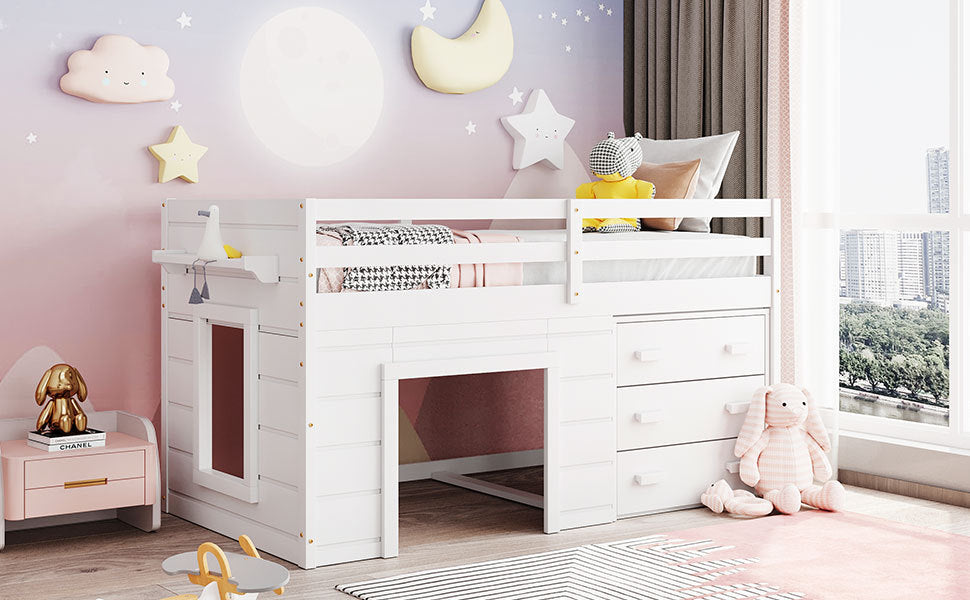 Twin Size Loft Bed With Cabinet And Shelf White Old Sku:Lp000501Aak White Solid Wood