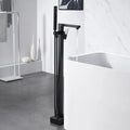 Freestanding Bathtub Faucet Single Handle Floor Mounted Tub Filler With Hand Shower In Black Matte Black Brass