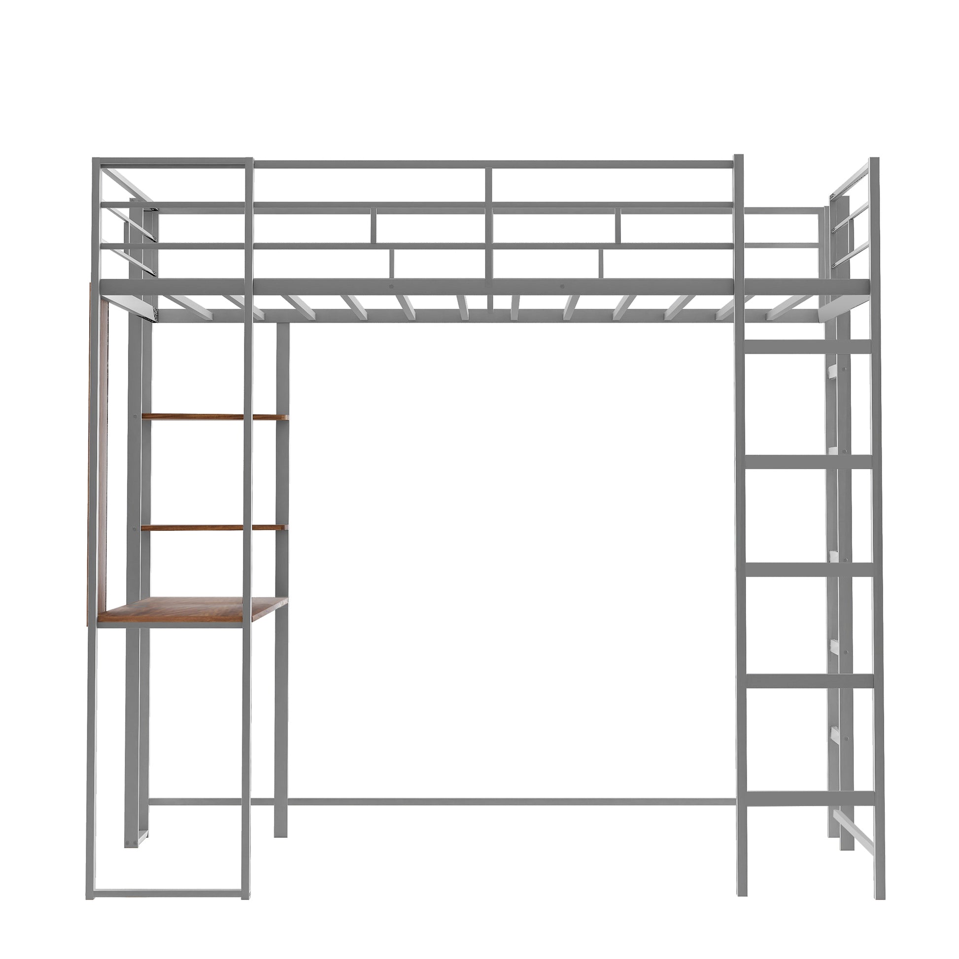 Twin Metal Loft Bed With 2 Shelves And One Desk ,Silver Old Sku: Mf281206Aan Silver Metal