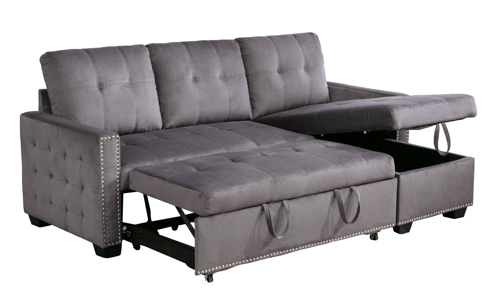 77 Inch Reversible Sectional Storage Sleeper Sofa Bedl Shape 2 Seat Sectional Chaise With Storageskin Feeling Velvet Fabric ,Dark Grey Color For Living Room Furniture Dark Grey Velvet