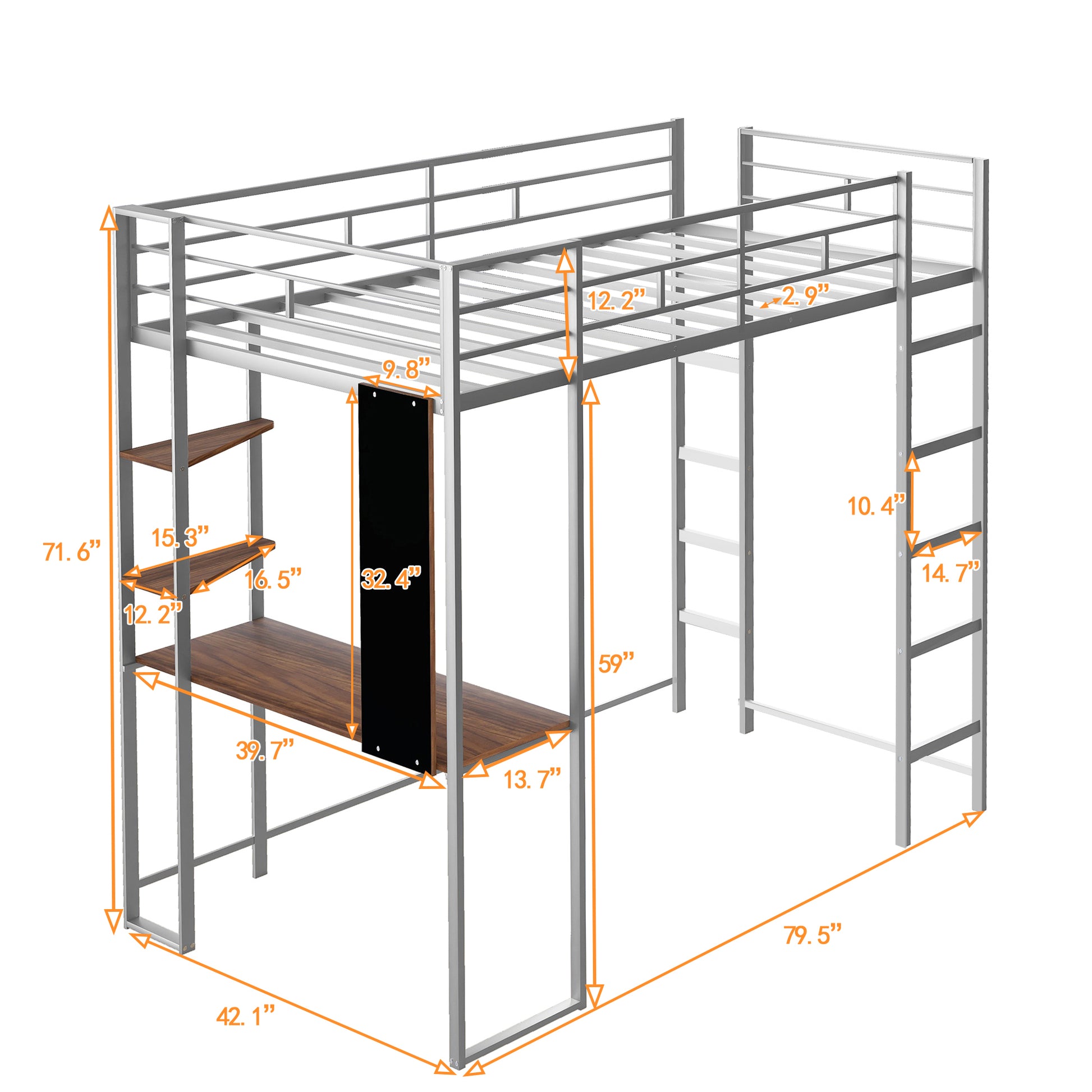 Twin Metal Loft Bed With 2 Shelves And One Desk ,Silver Old Sku: Mf281206Aan Silver Metal