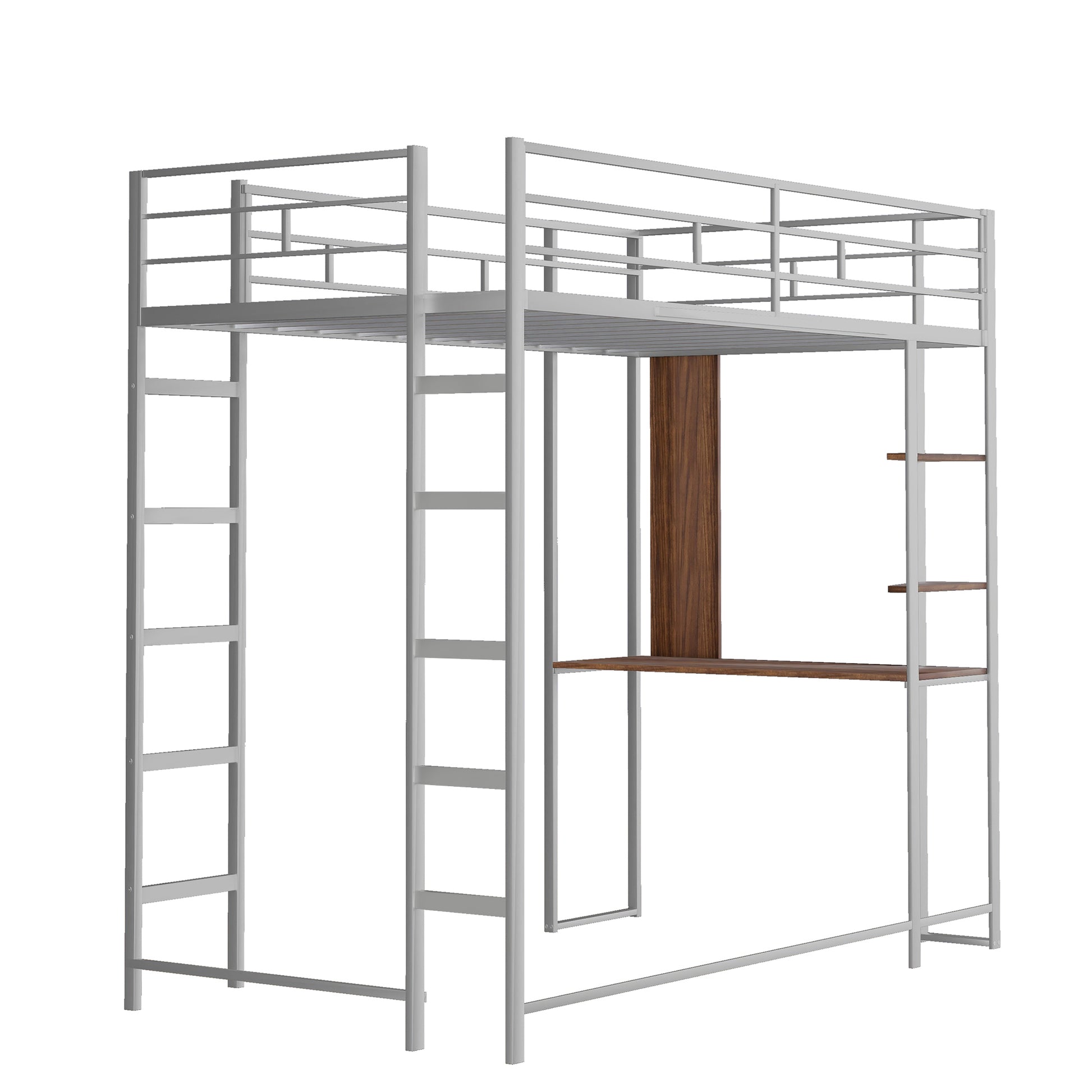 Twin Metal Loft Bed With 2 Shelves And One Desk ,Silver Old Sku: Mf281206Aan Silver Metal