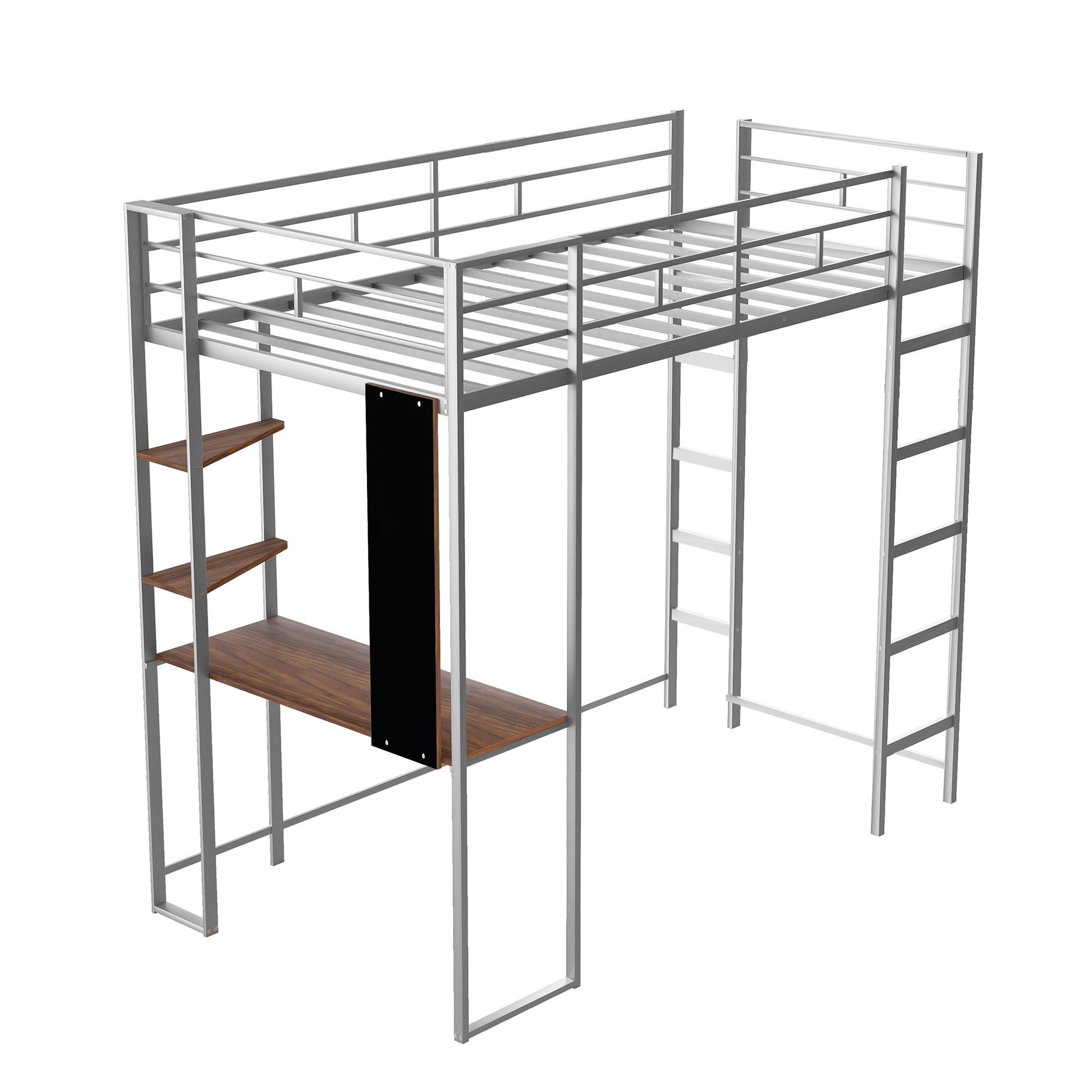 Twin Metal Loft Bed With 2 Shelves And One Desk ,Silver Old Sku: Mf281206Aan Silver Metal