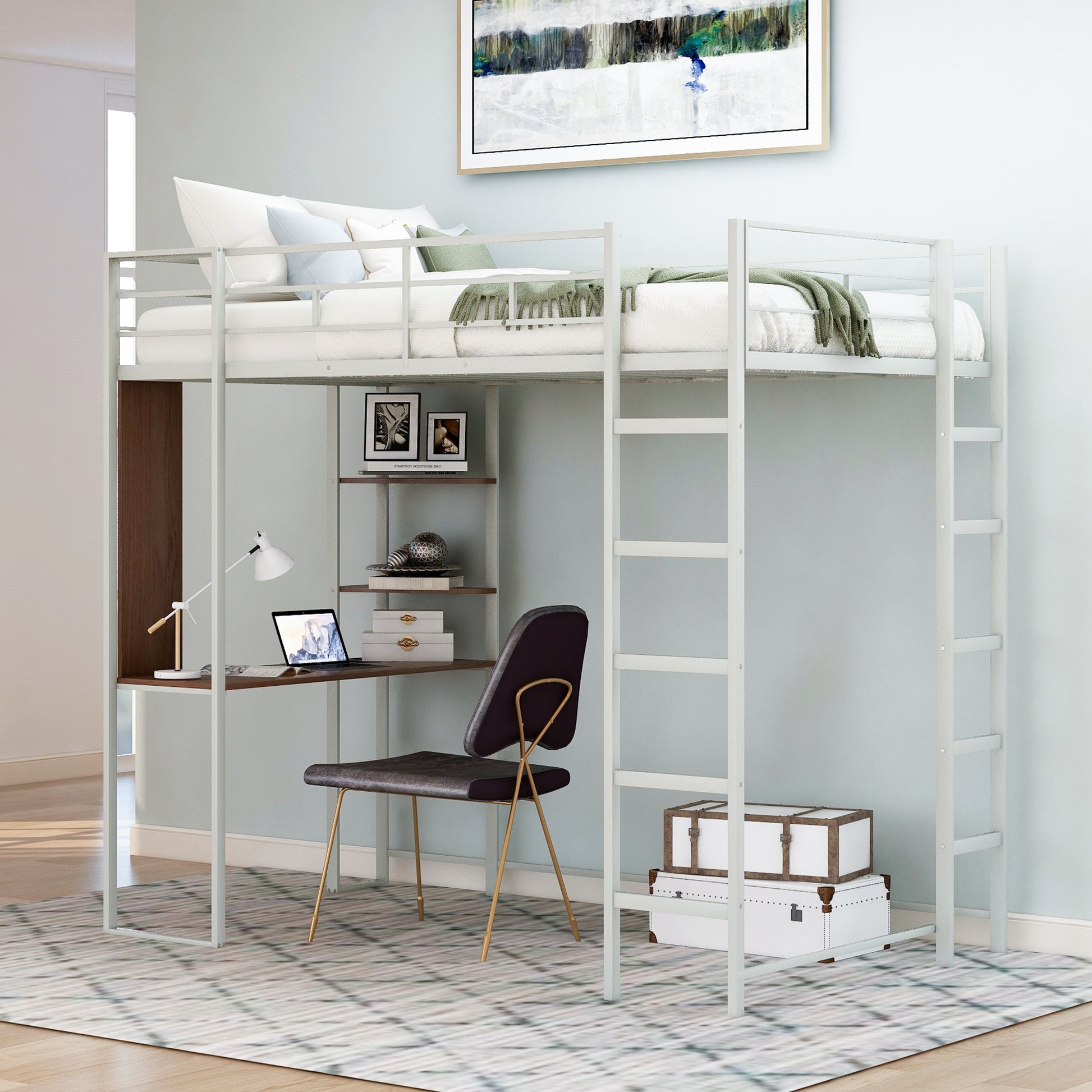 Twin Metal Loft Bed With 2 Shelves And One Desk ,Silver Old Sku: Mf281206Aan Silver Metal