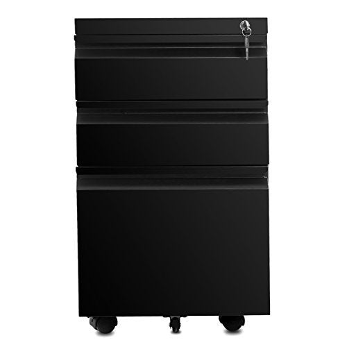 3 Drawer File Cabinet With Lock, Steel Mobile Filing Cabinet On Anti Tilt Wheels, Rolling Locking Office Cabinets Under Desk For Legal Letter Size Black Metal