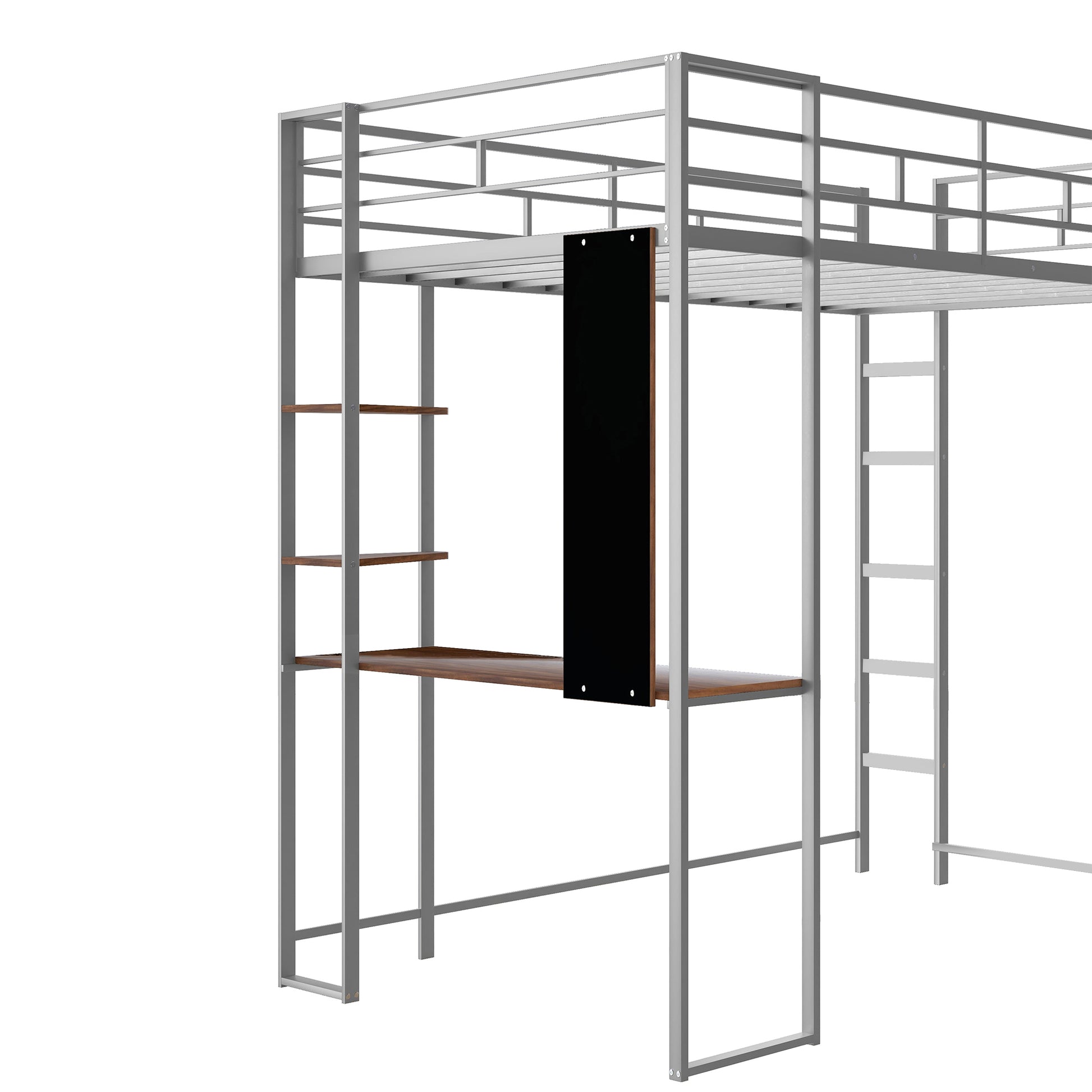 Twin Metal Loft Bed With 2 Shelves And One Desk ,Silver Old Sku: Mf281206Aan Silver Metal