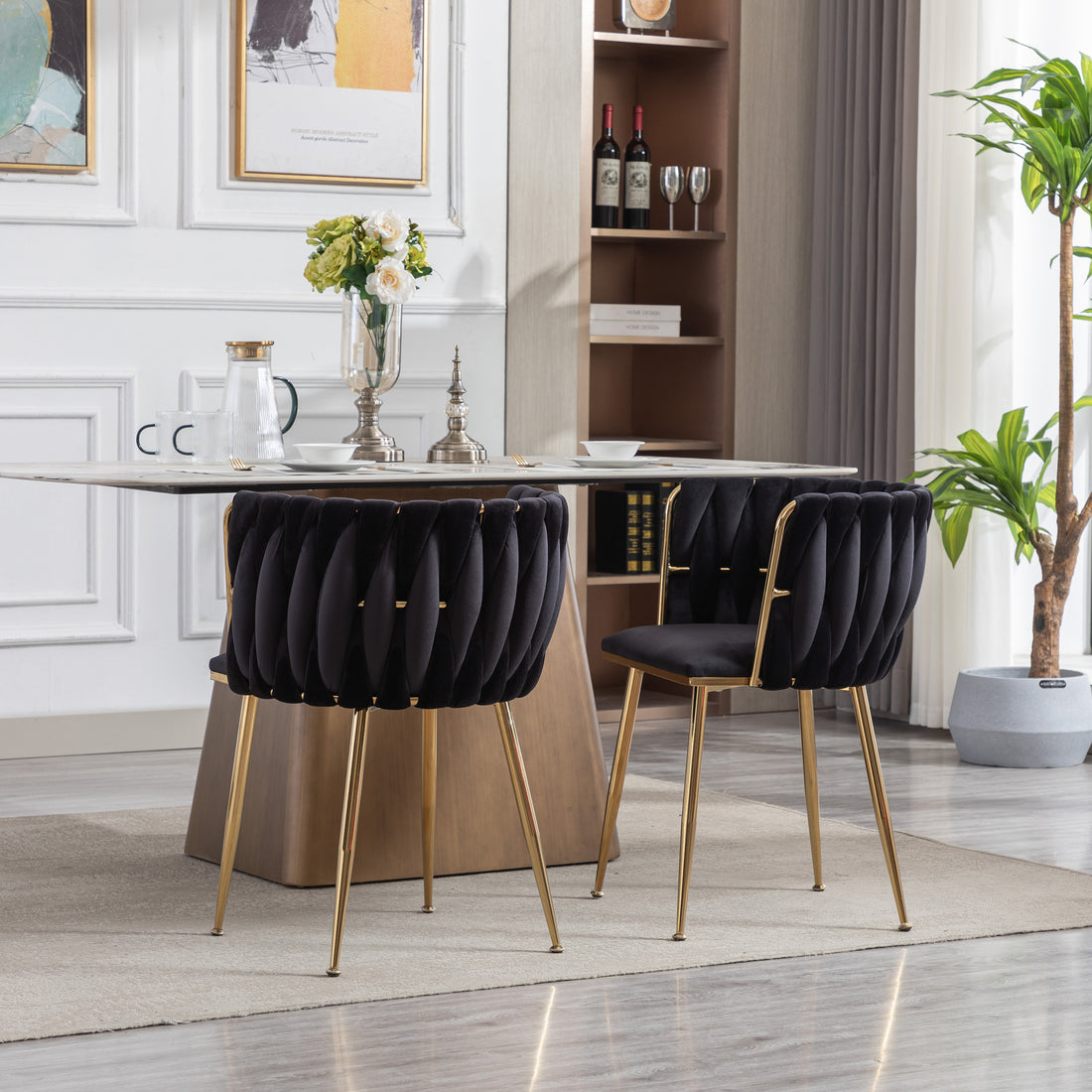 Dining Chair Thickened Fabric Chairs With Wood Legs Set Of 2 Black Black Foam Fabric