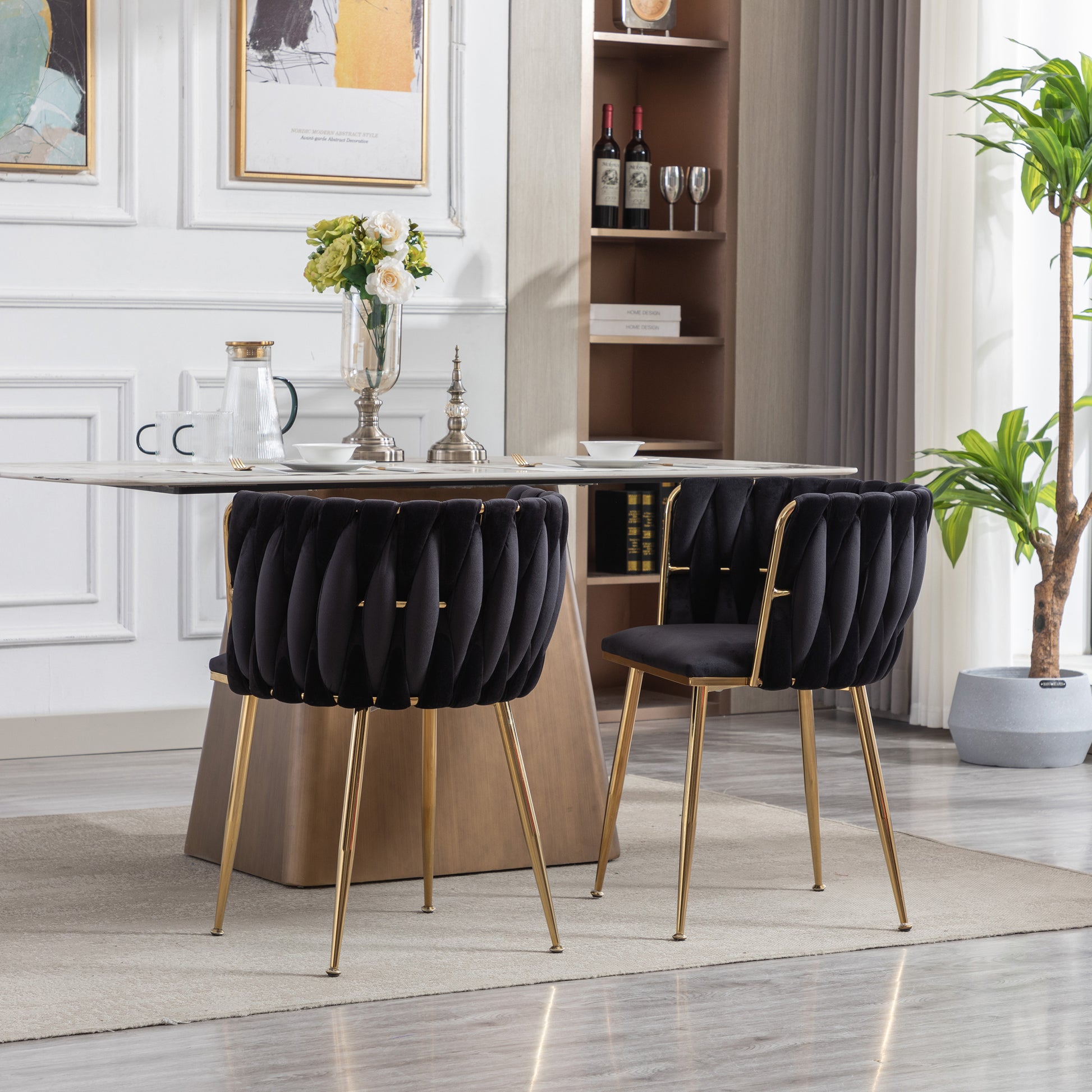 Dining Chair Thickened Fabric Chairs With Wood Legs Set Of 2 Black Black Foam Fabric