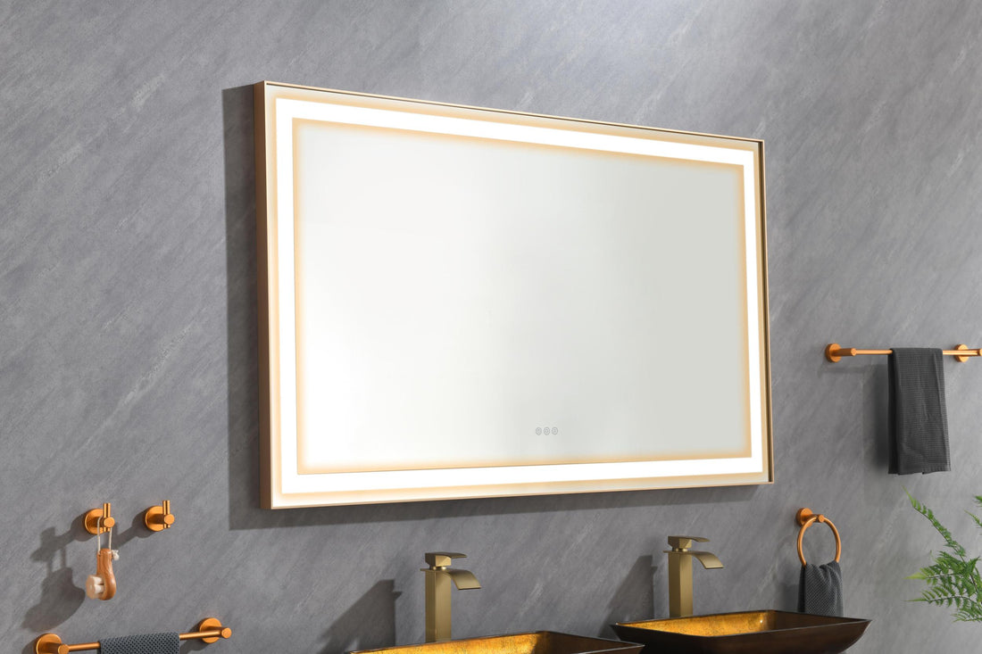 72*36 Led Lighted Bathroom Wall Mounted Mirror With High Lumen Anti Fog Separately Control Gold Aluminium