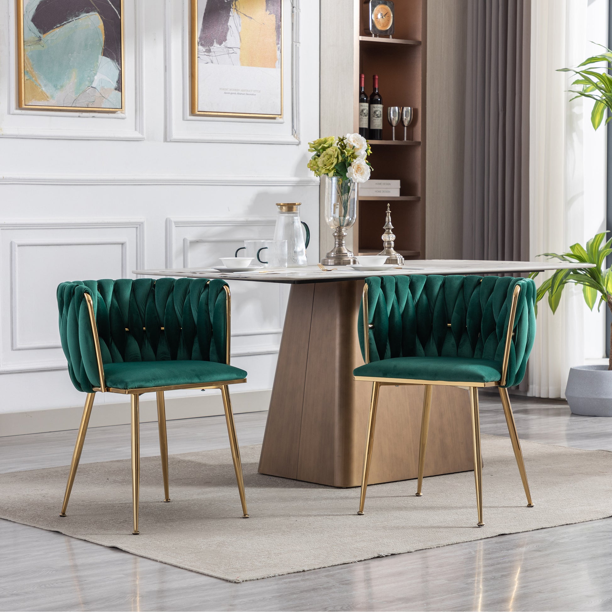 Dining Chair,Thickened Fabric Chairs With Wood Legs Set Of 2,Green Green Foam Fabric