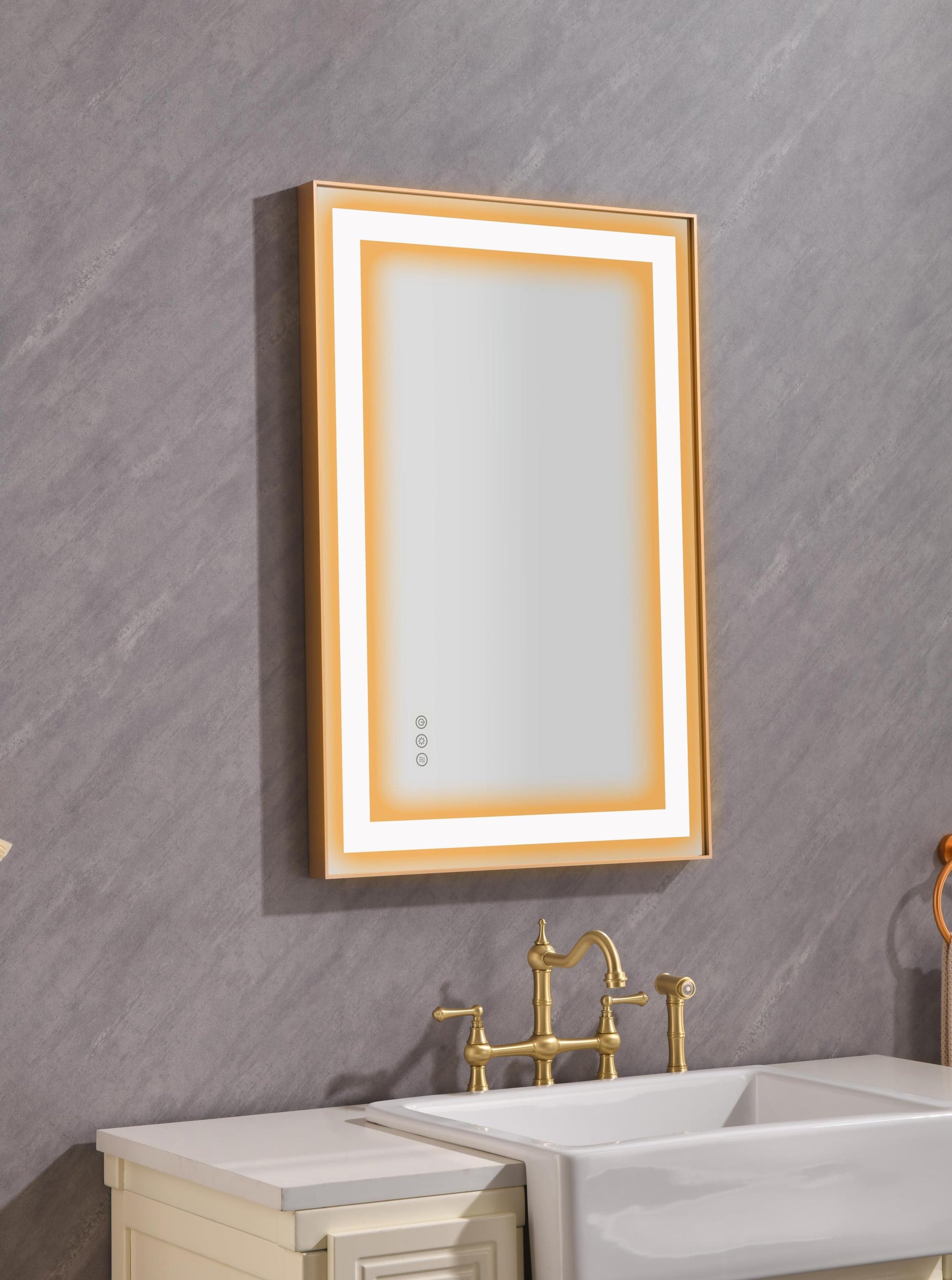 36*24 Led Lighted Bathroom Wall Mounted Mirror With High Lumen Anti Fog Separately Control Gold Aluminium