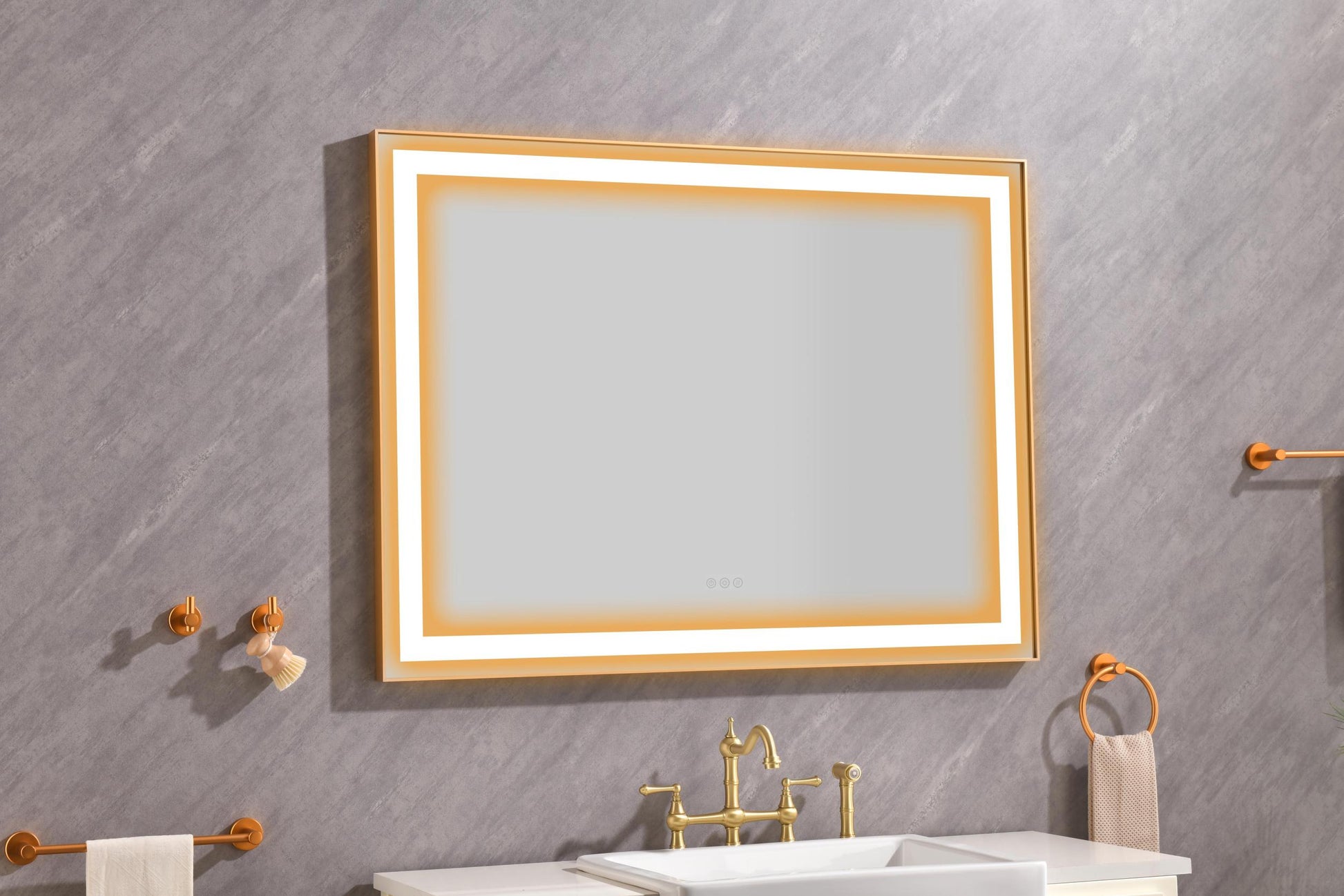 48*36 Led Lighted Bathroom Wall Mounted Mirror With High Lumen Anti Fog Separately Control Gold Aluminium