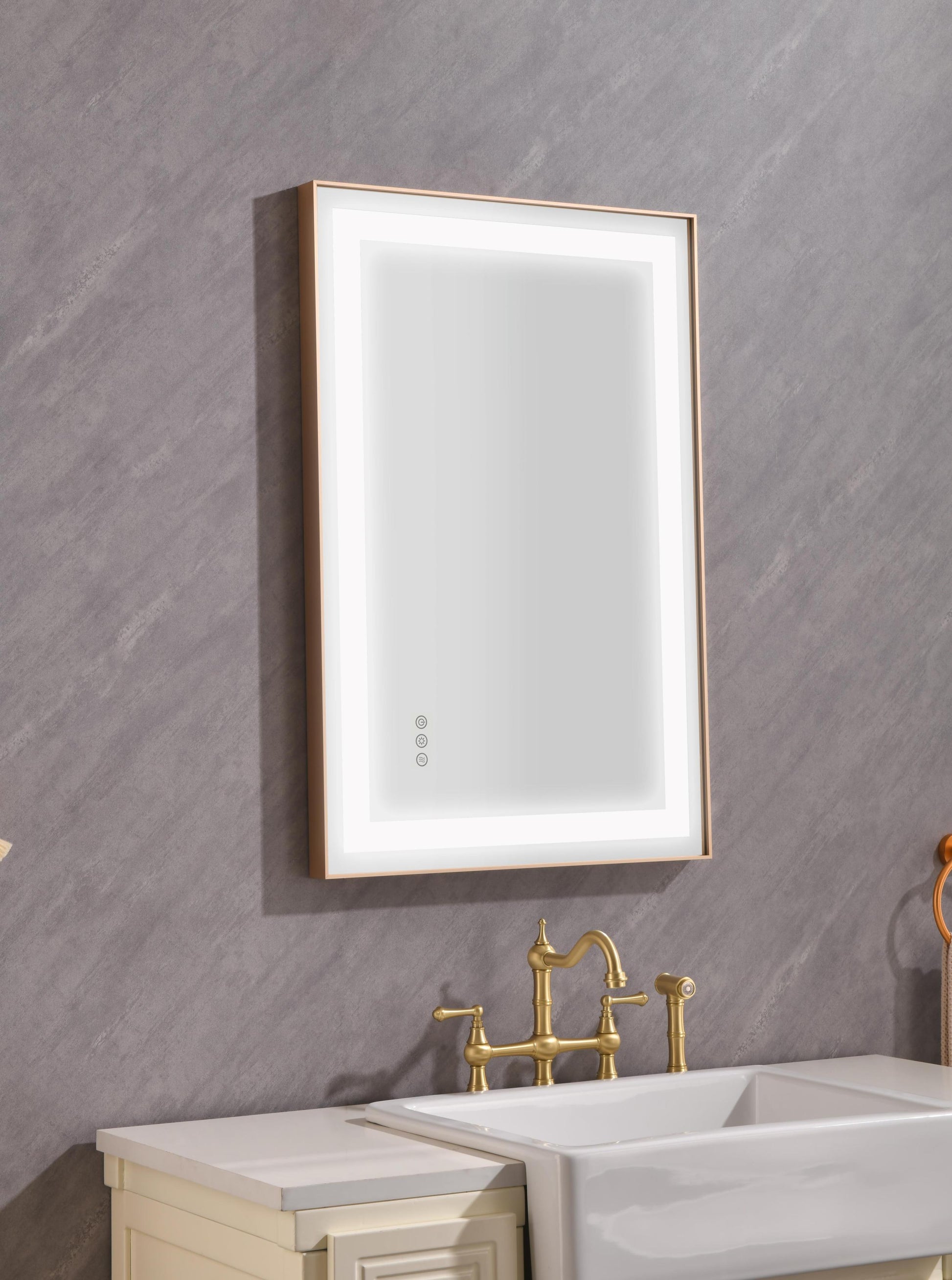 36*24 Led Lighted Bathroom Wall Mounted Mirror With High Lumen Anti Fog Separately Control Gold Aluminium