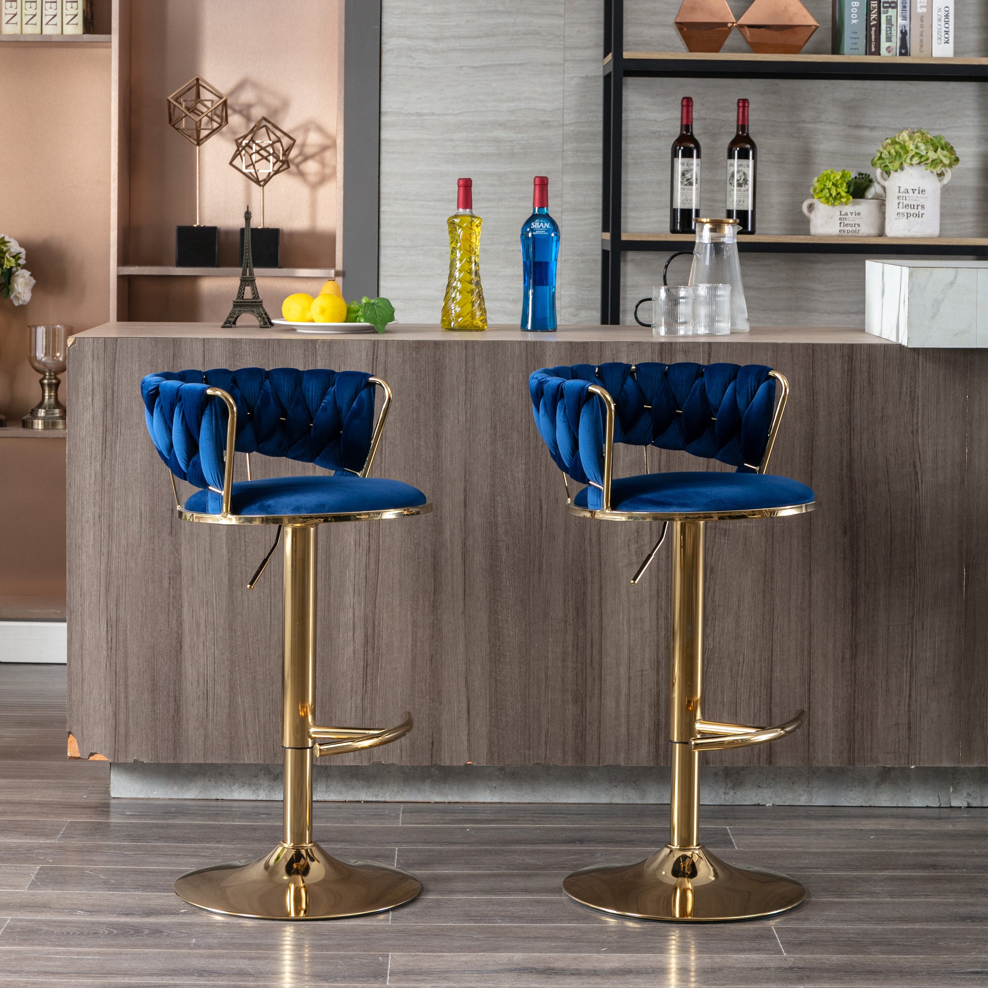 Set Of 2 Bar Stools,With Chrome Footrest And Base Swivel Height Adjustable Mechanical Lifting Velvet Golden Leg Simple Bar Stool Blue Blue Foam Fabric