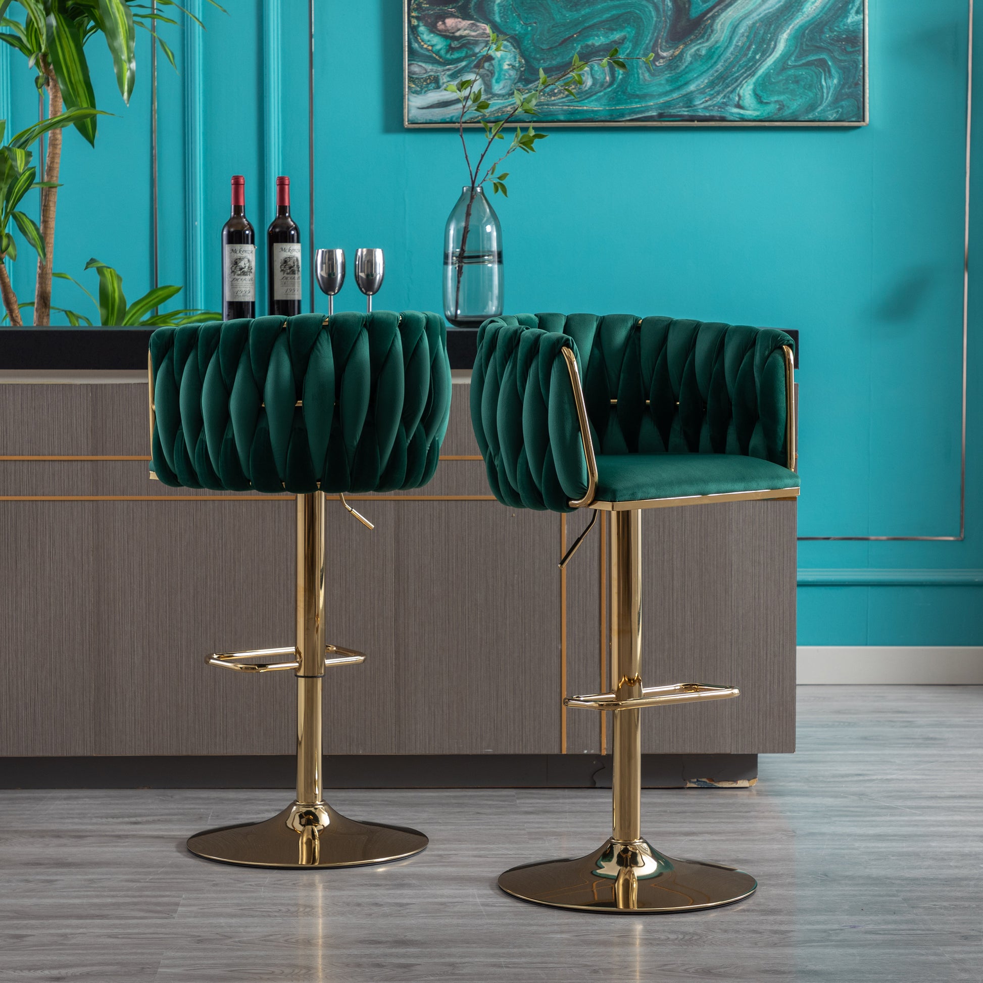 Set Of 2 Bar Stools,With Chrome Footrest And Base Swivel Height Adjustable Mechanical Lifting Velvet Golden Leg Simple Bar Stool Green Green Foam Fabric