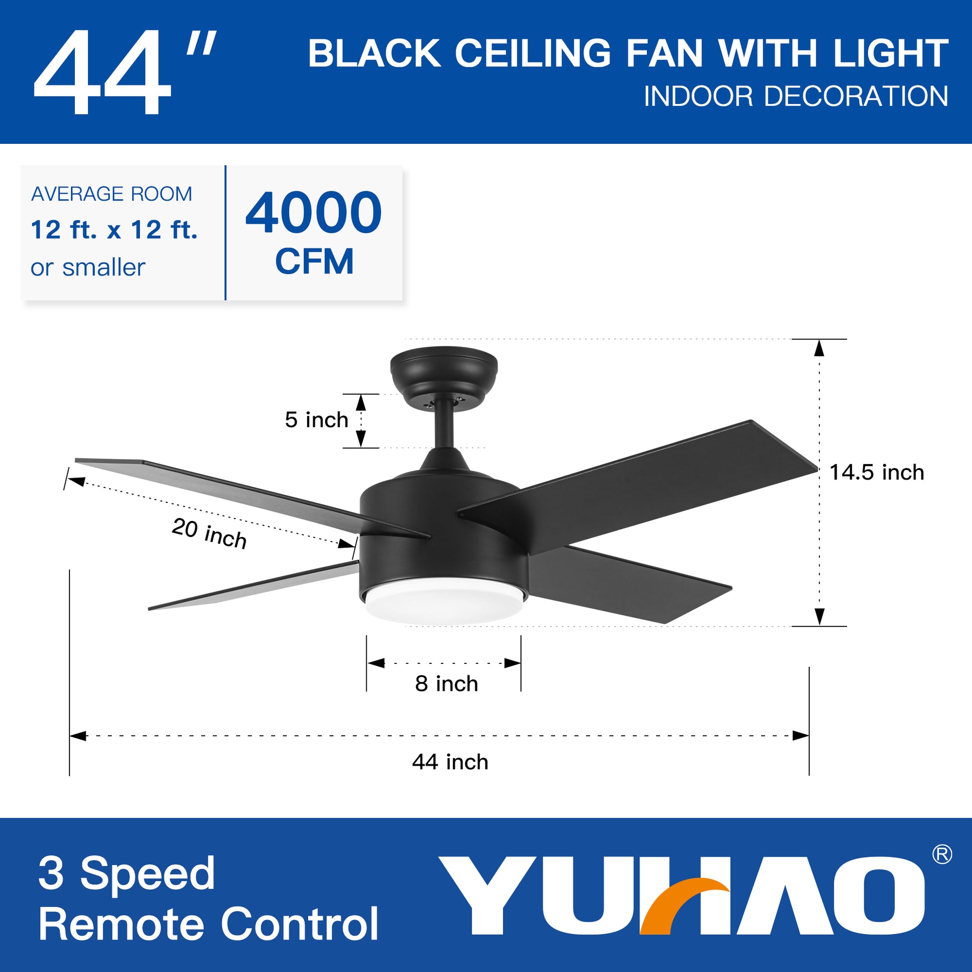 Yuhao 44 In Intergrated Led Ceiling Fan With Black Abs Blade Black Plywood