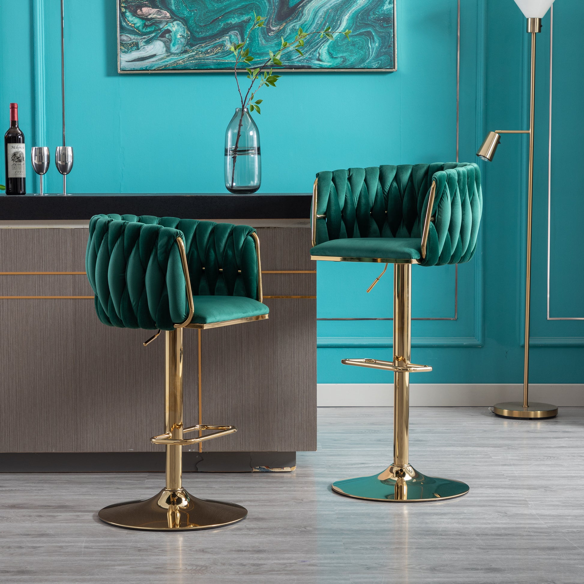 Set Of 2 Bar Stools,With Chrome Footrest And Base Swivel Height Adjustable Mechanical Lifting Velvet Golden Leg Simple Bar Stool Green Green Foam Fabric