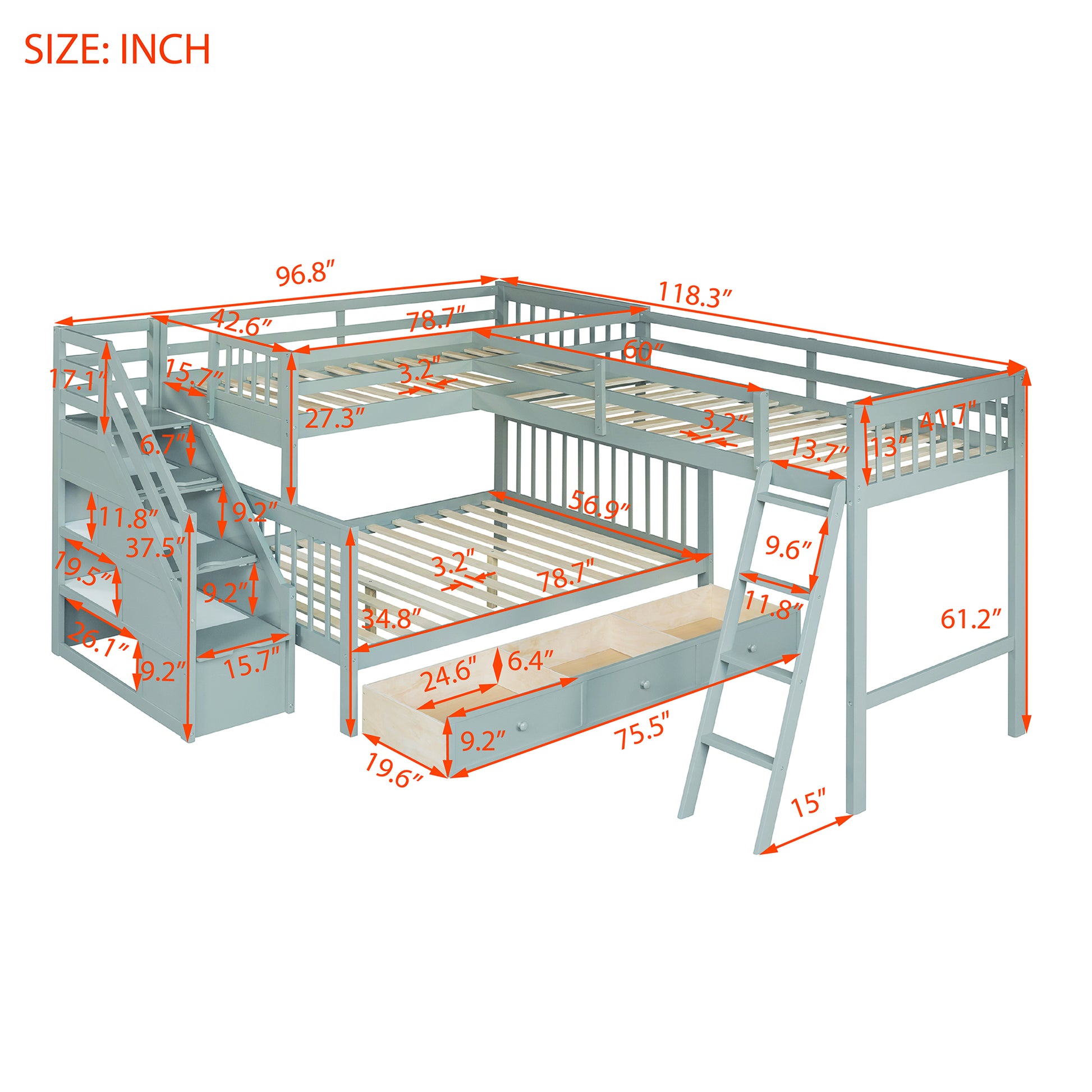Twin Over Full L Shaped Bunk Bed With 3 Drawers, Ladder And Staircase Gray Gray Solid Wood