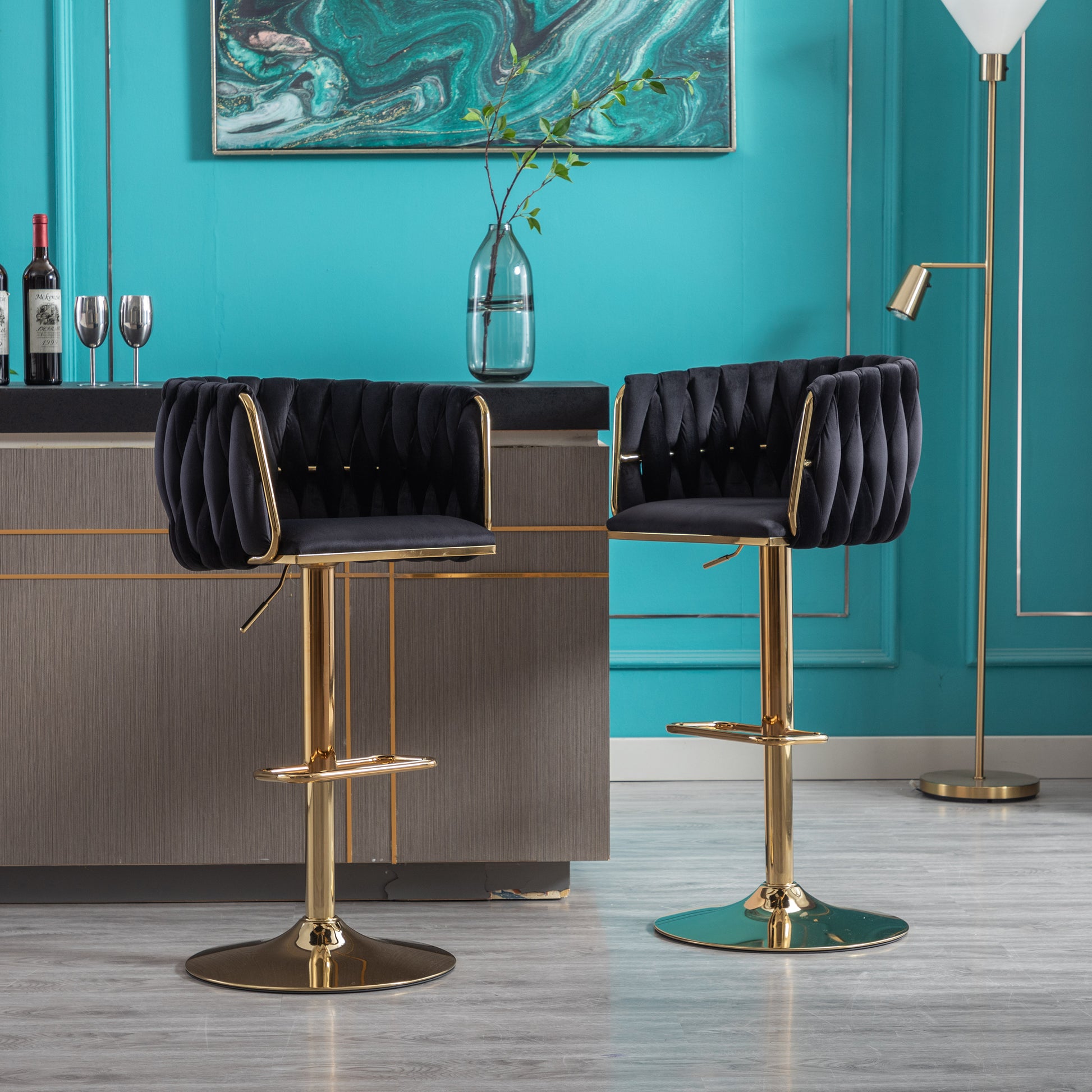 Set Of 2 Bar Stools,With Chrome Footrest And Base Swivel Height Adjustable Mechanical Lifting Velvet Golden Leg Simple Bar Stool Black Black Foam Fabric
