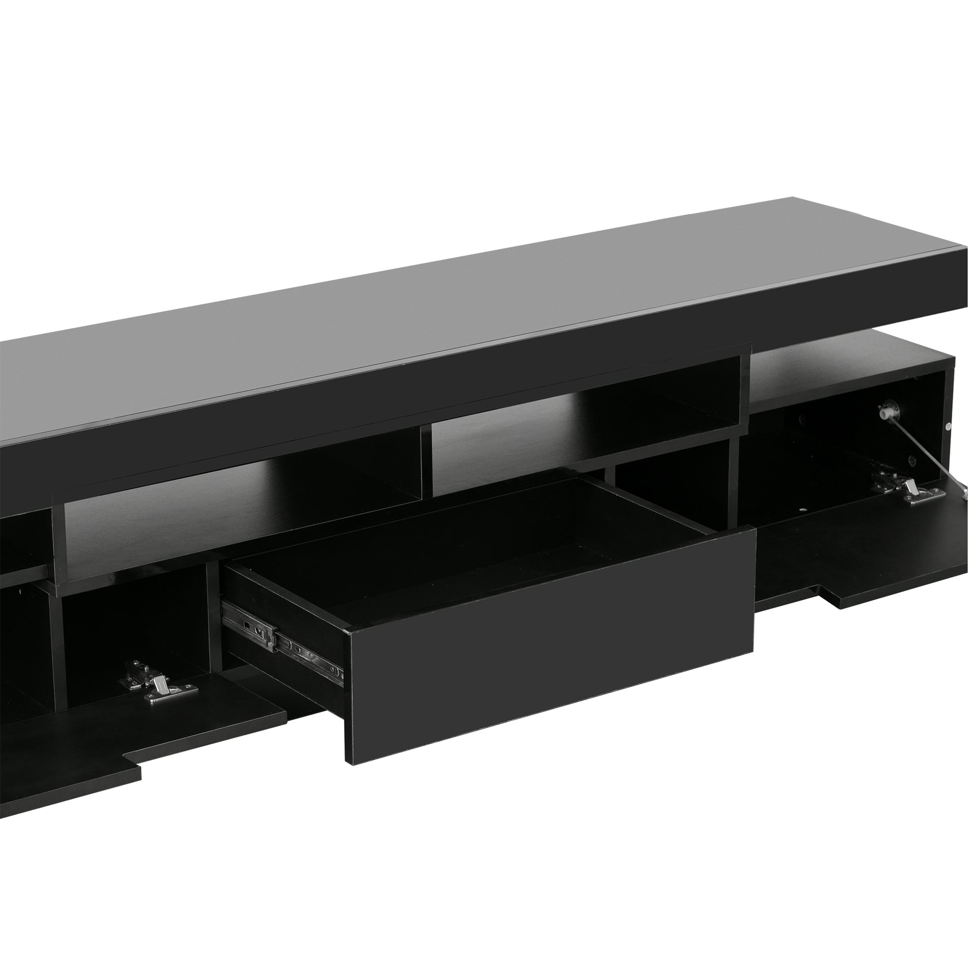 Tv Stand With 4 Open Shelves, Modern High Gloss Entertainment Center For 75 Inch Tv, Universal Tv Storage Cabinet With 16 Color Rgb Led Color Changing Lights, Black Black Particle Board