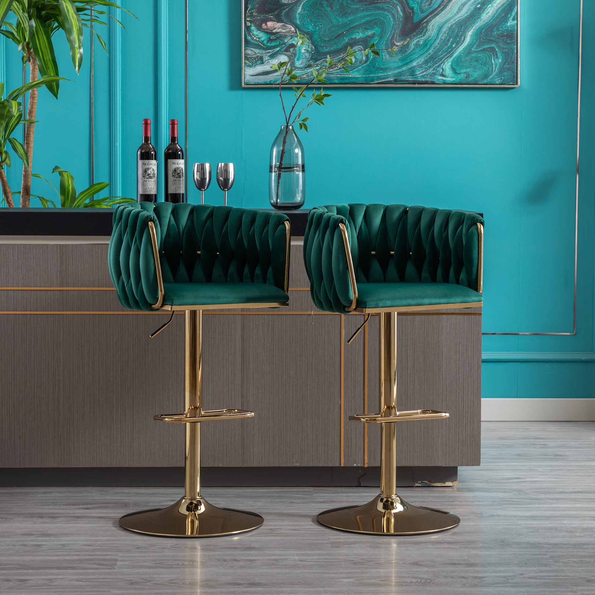 Set Of 2 Bar Stools,With Chrome Footrest And Base Swivel Height Adjustable Mechanical Lifting Velvet Golden Leg Simple Bar Stool Green Green Foam Fabric