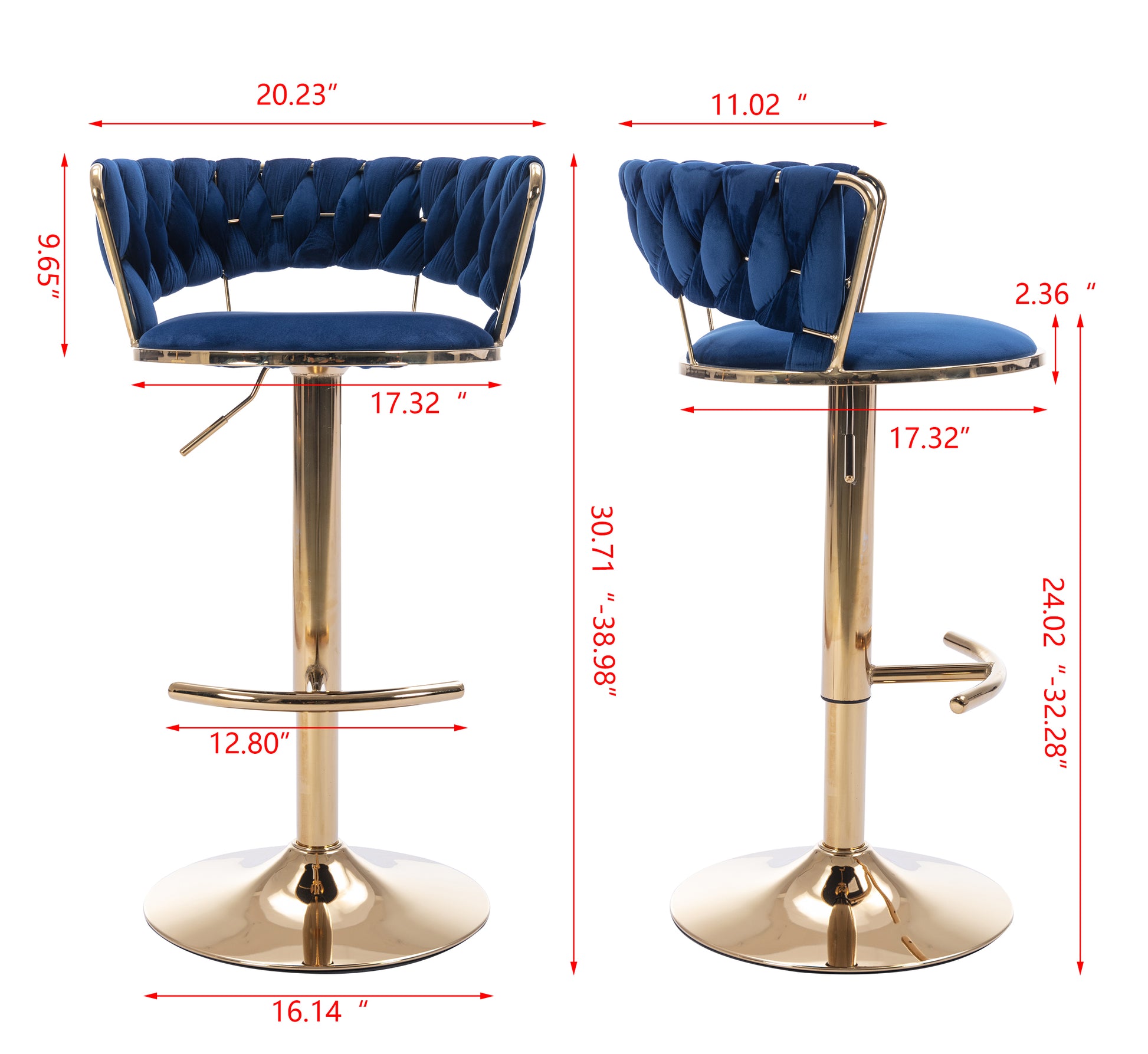 Set Of 2 Bar Stools,With Chrome Footrest And Base Swivel Height Adjustable Mechanical Lifting Velvet Golden Leg Simple Bar Stool Blue Blue Foam Fabric